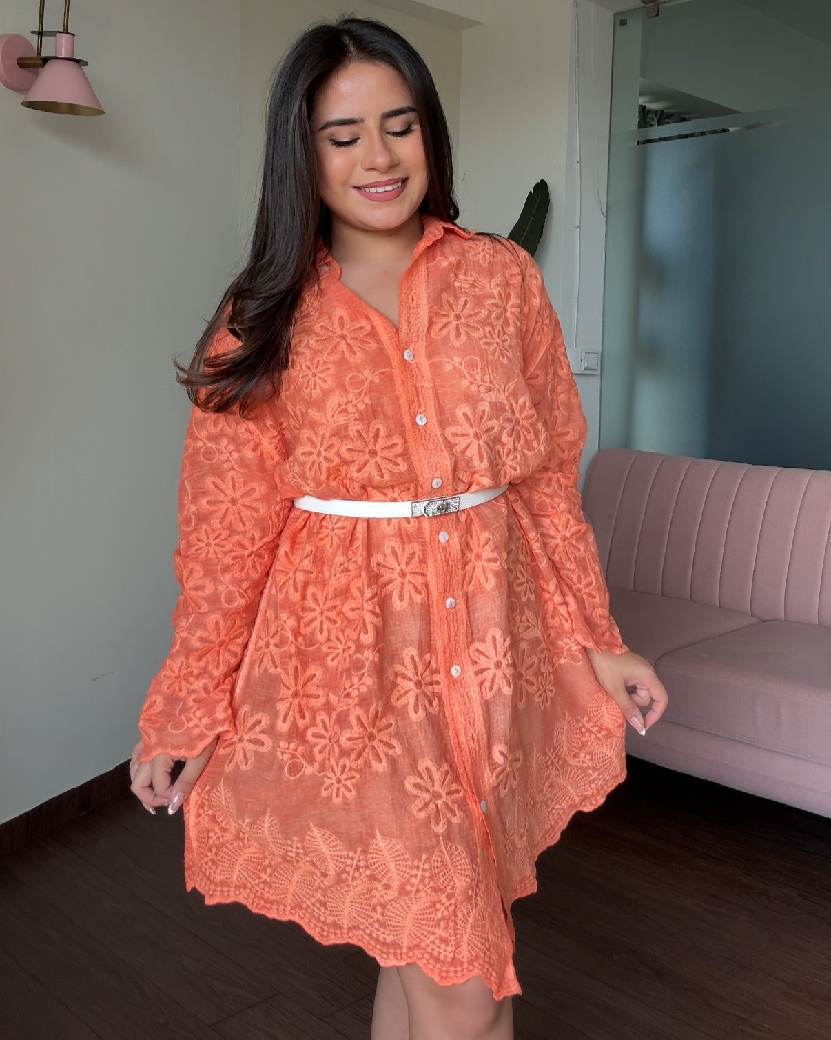 Monochrome Embroidery Shirt Dress