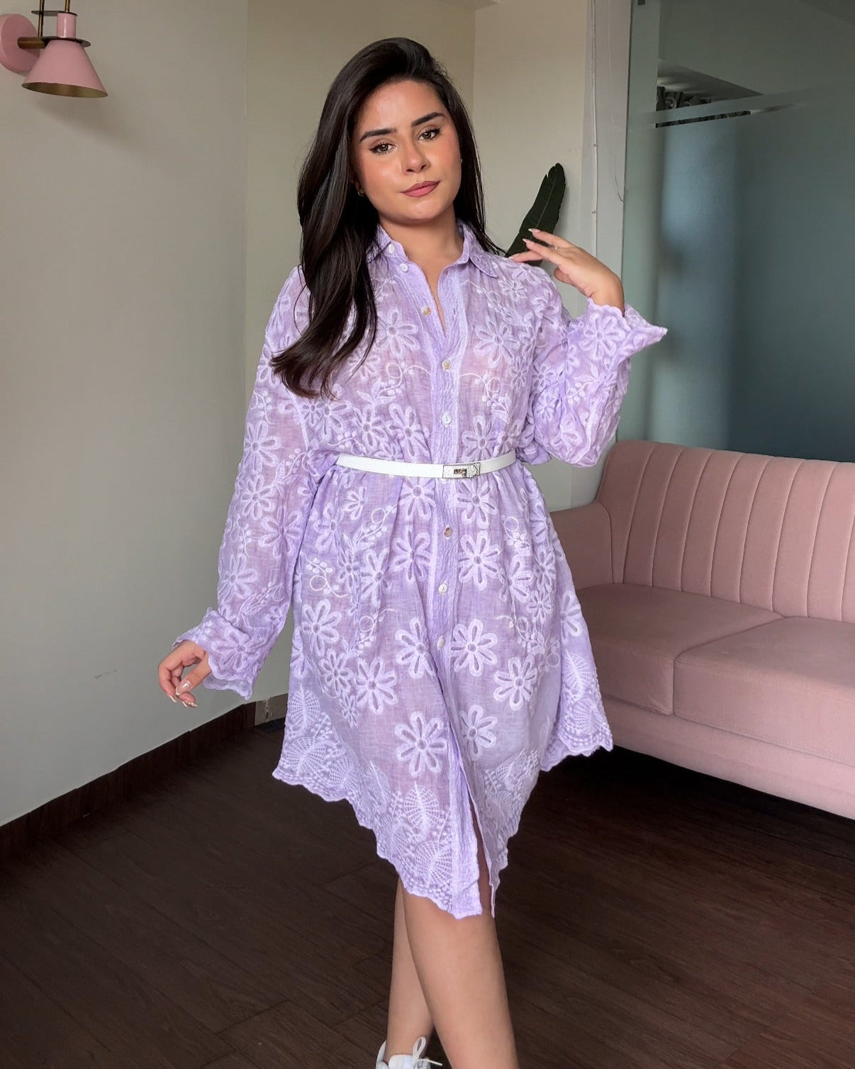 Monochrome Embroidery Shirt Dress