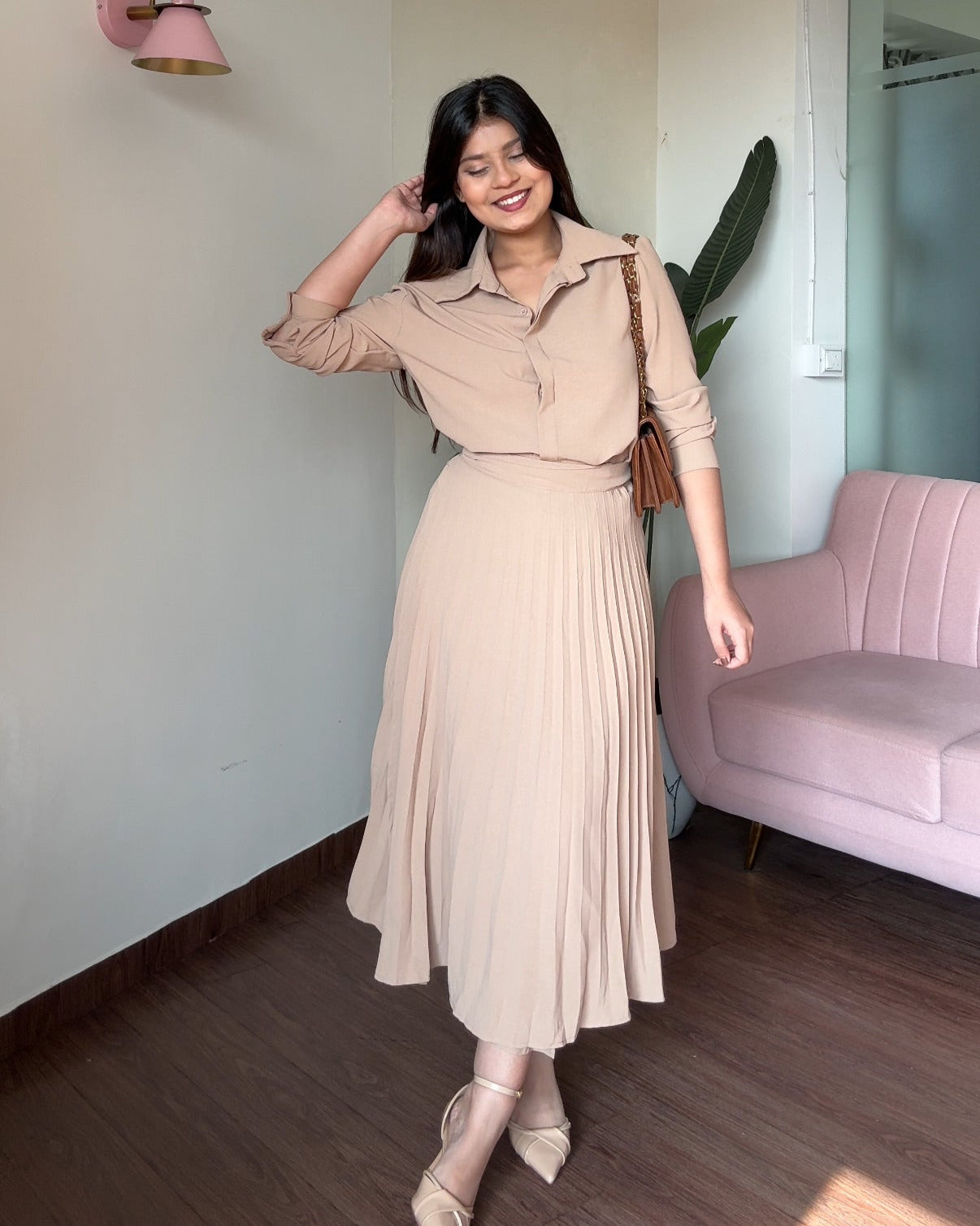 2-Piece Button-Up Shirt With Pleated Wrap Skirt