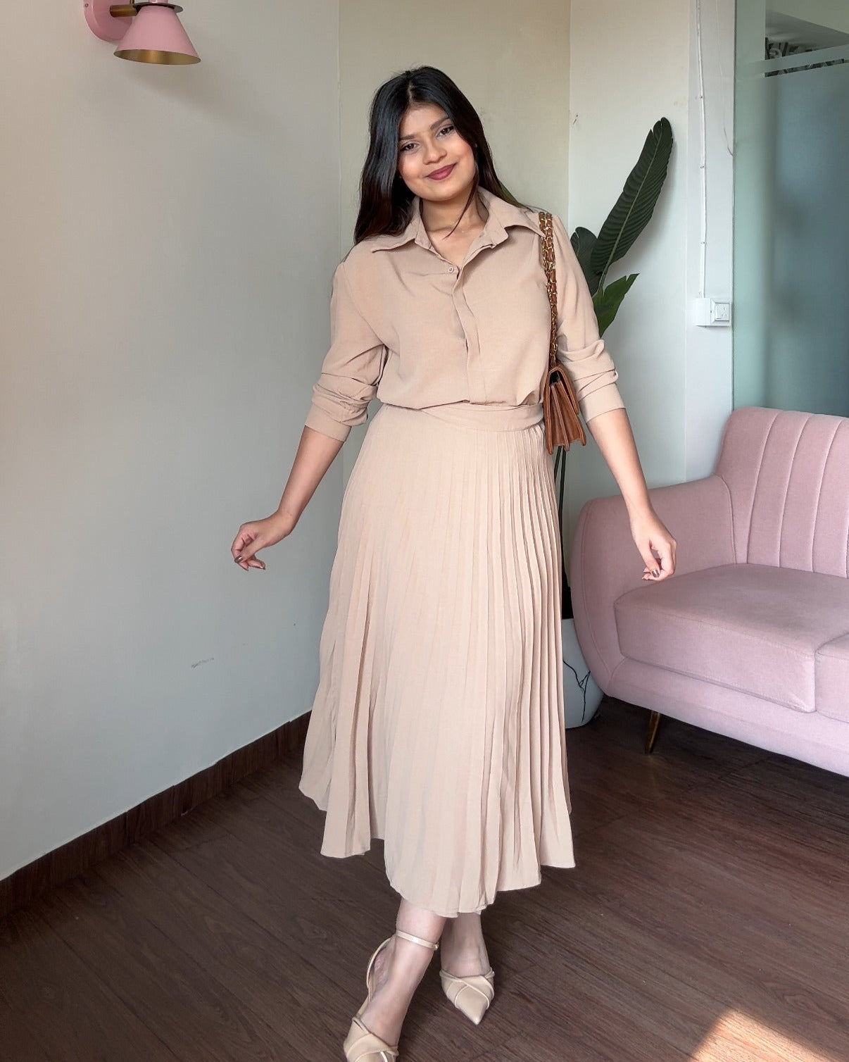 2-Piece Button-Up Shirt With Pleated Wrap Skirt