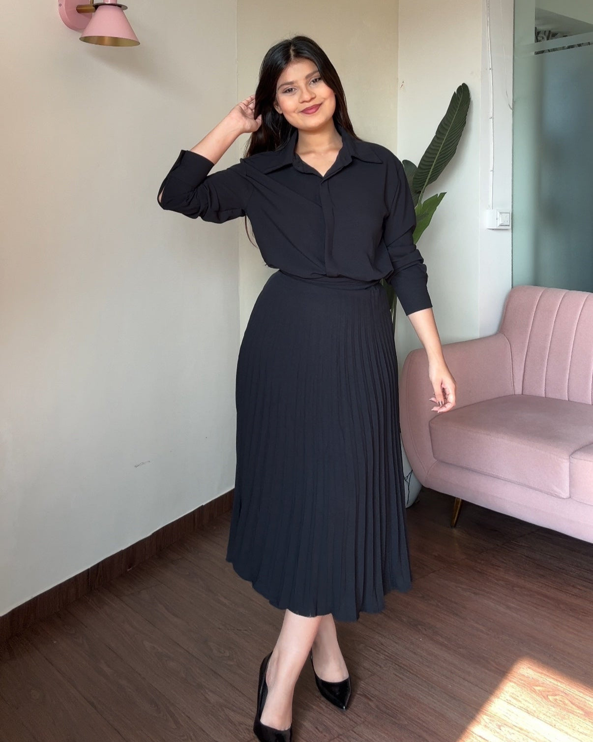 2-Piece Button-Up Shirt With Pleated Wrap Skirt