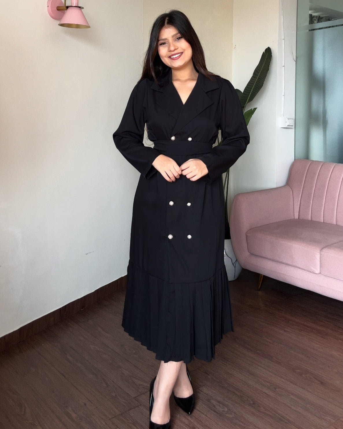Pearl Button-Down Modest Midi Dress