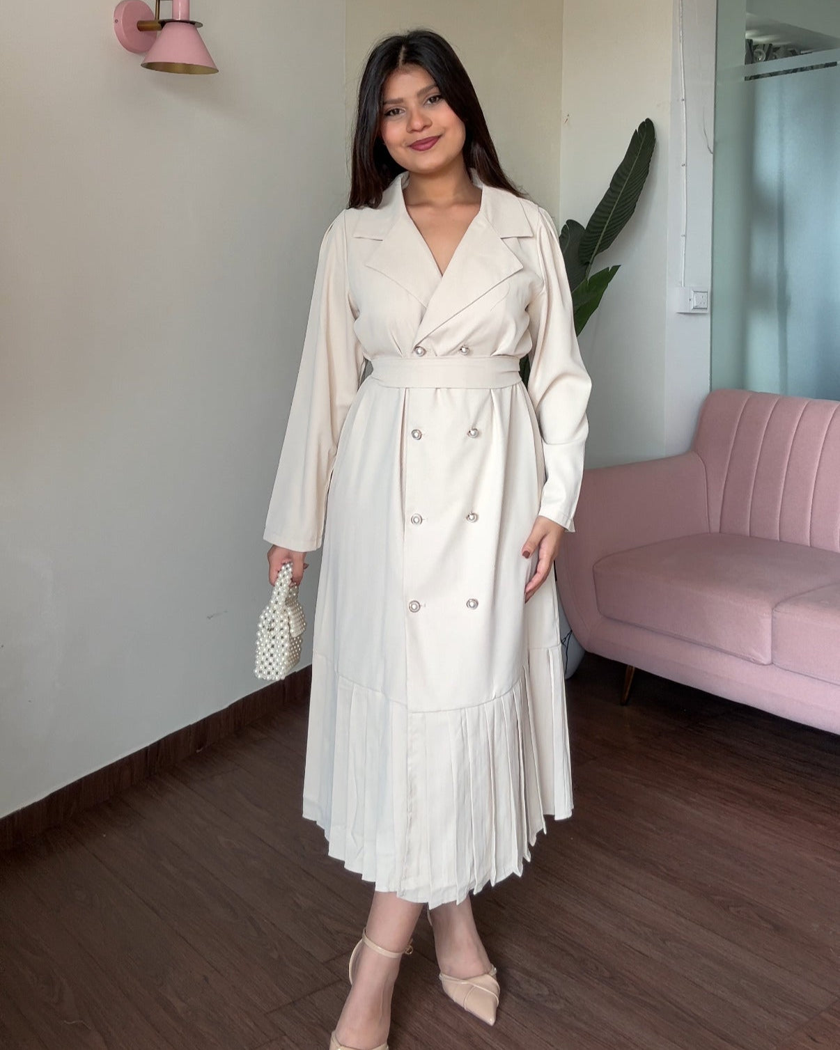 Pearl Button-Down Modest Midi Dress
