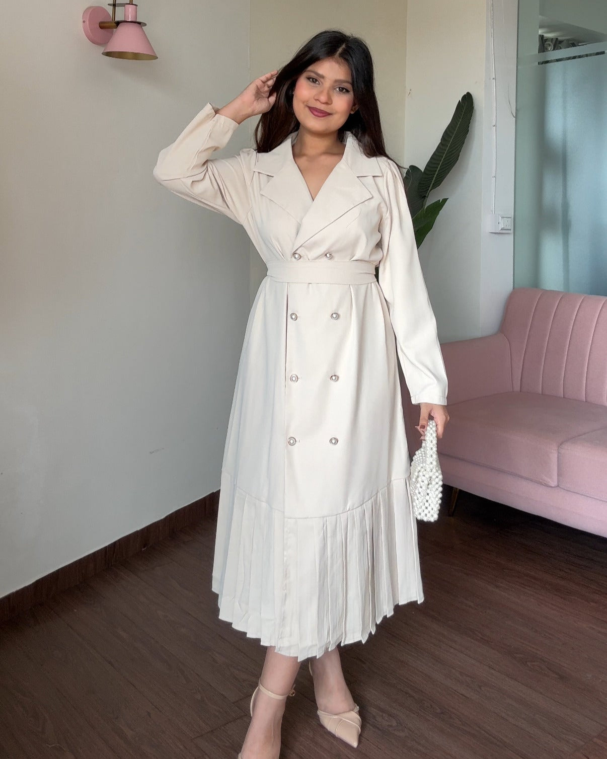 Pearl Button-Down Modest Midi Dress