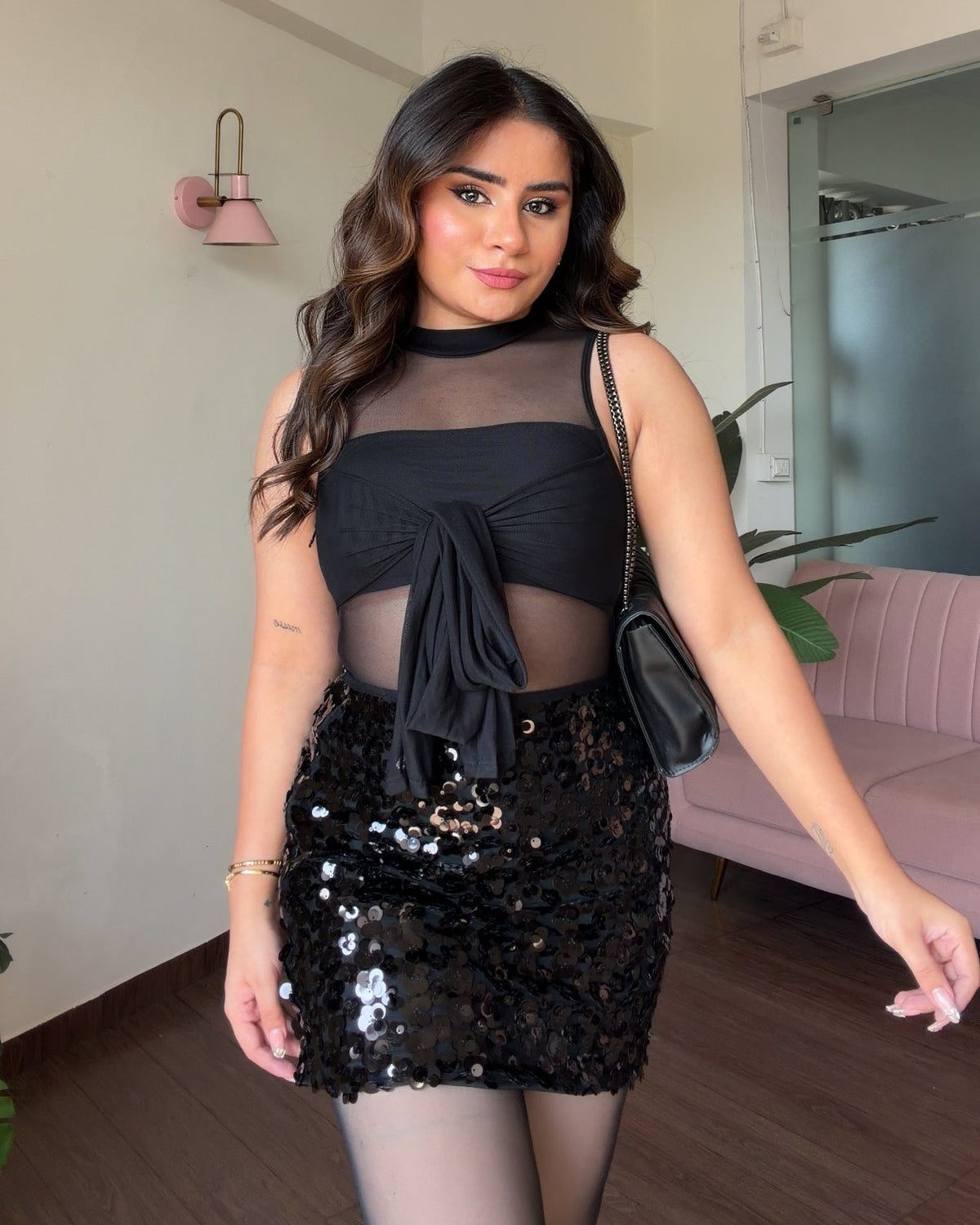 Petal Detailing Sequin Skirt & Mesh Knot Top Set