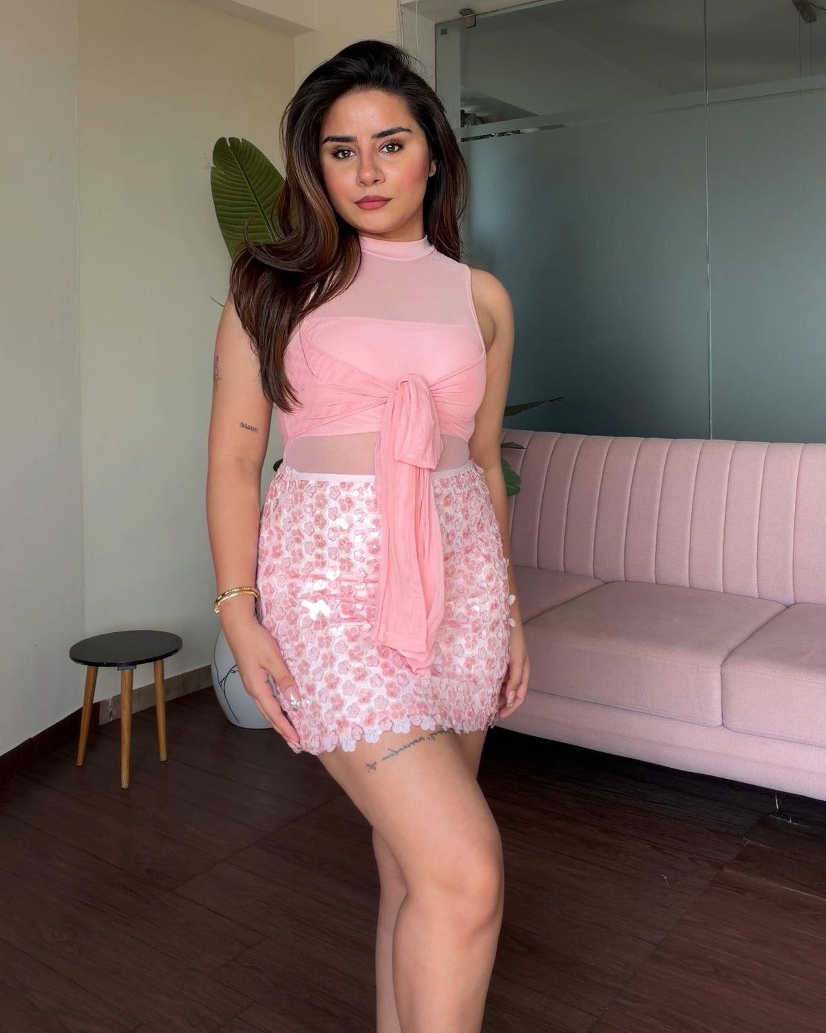 Petal Detailing Sequin Skirt & Mesh Knot Top Set