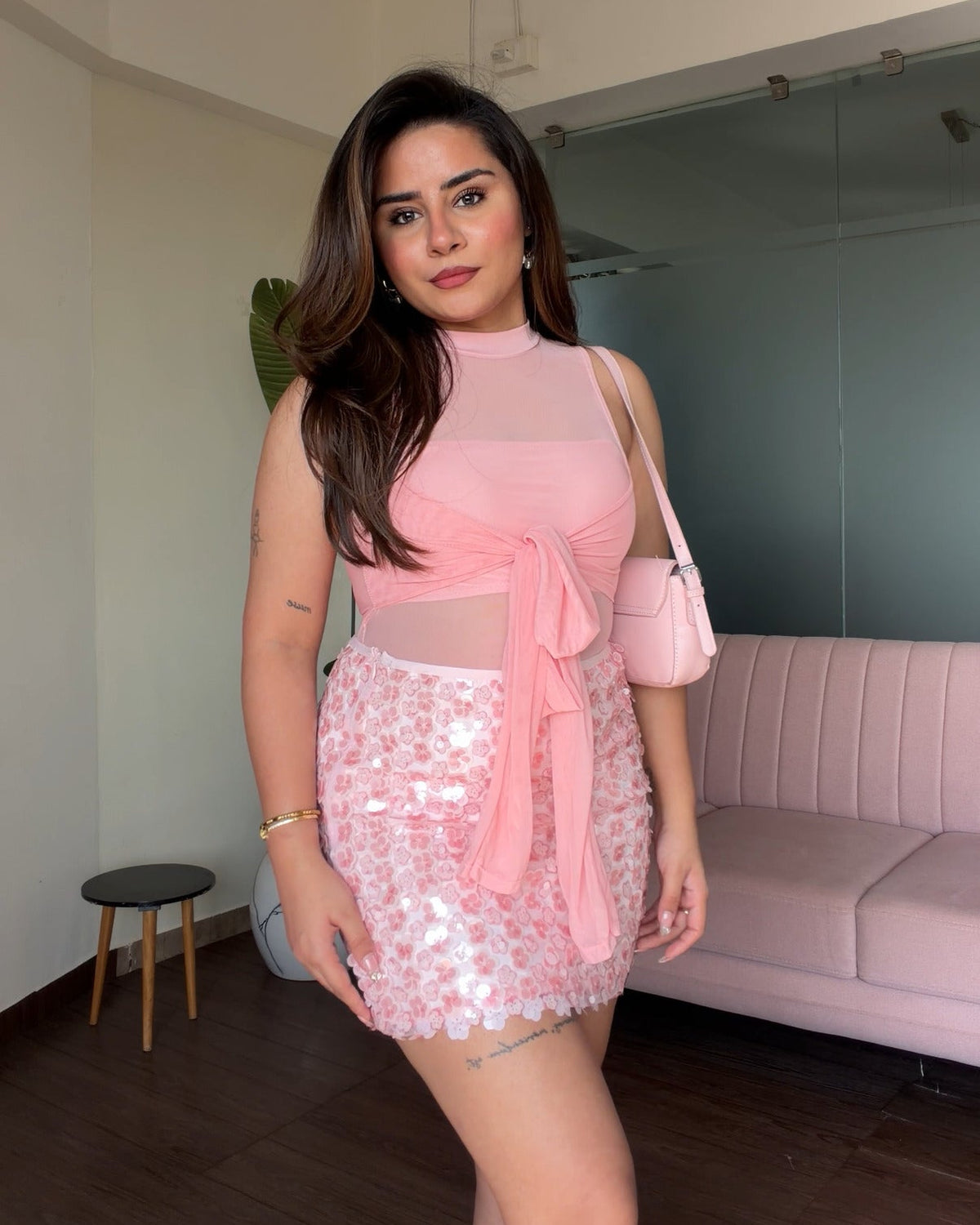Petal Detailing Sequin Skirt & Mesh Knot Top Set