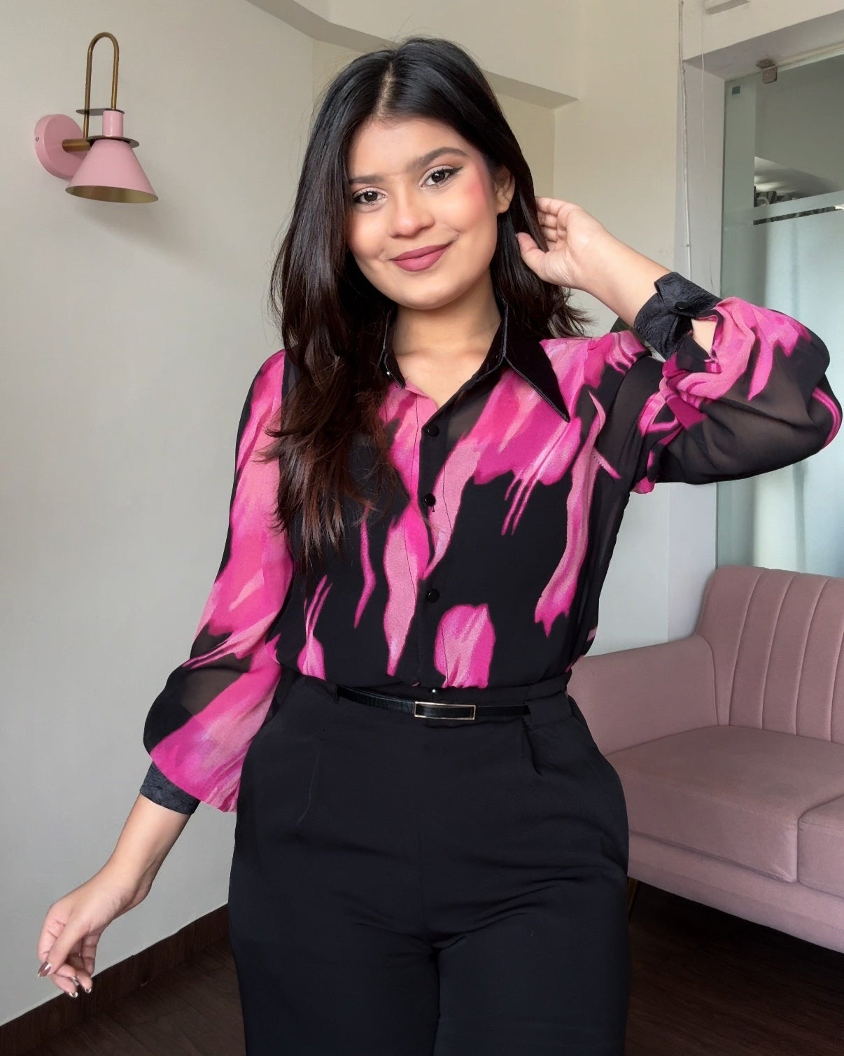 Black Contrast Shaded Chiffon Button-Up Blouse