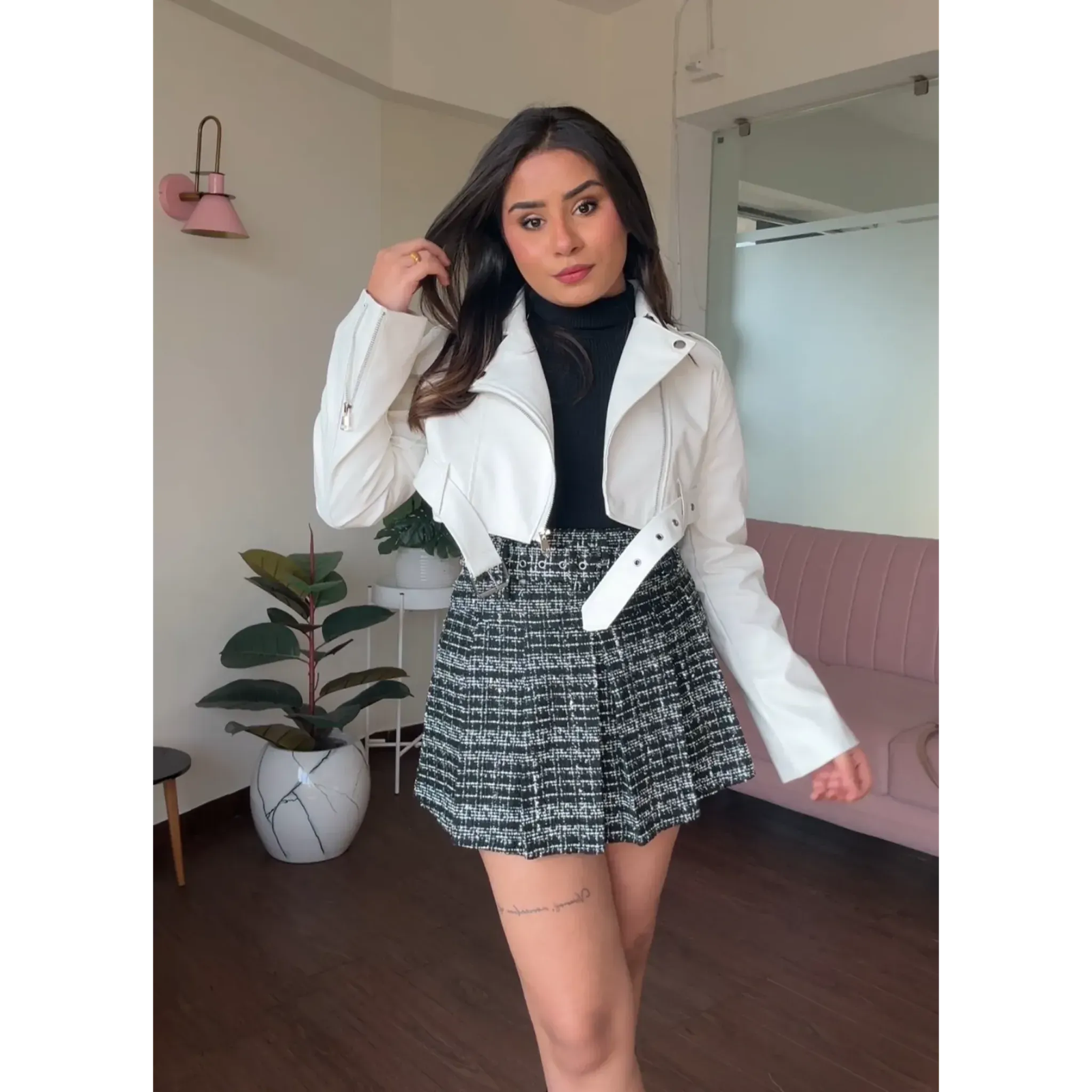 White Cropped Leather Biker Jacket