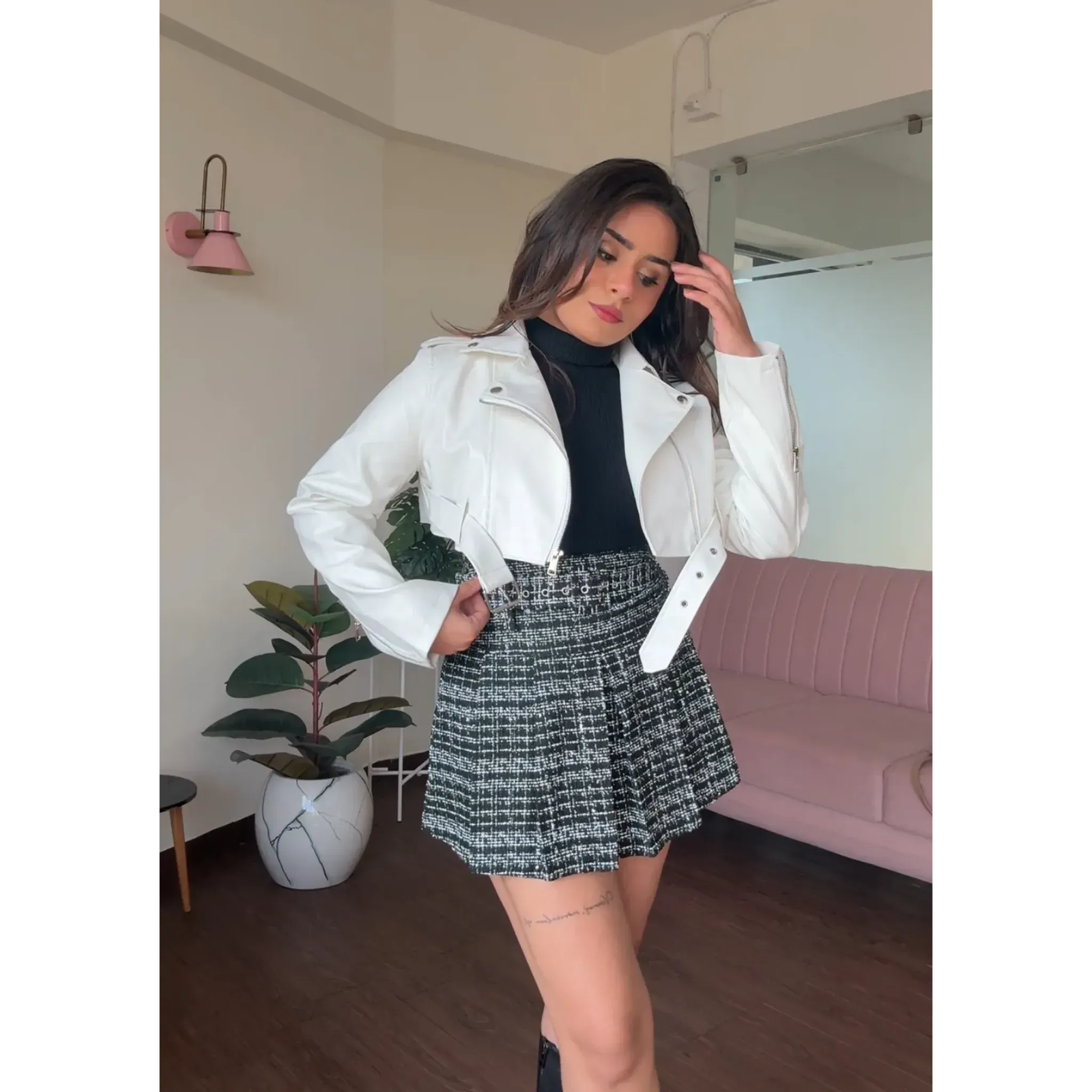 White Cropped Leather Biker Jacket