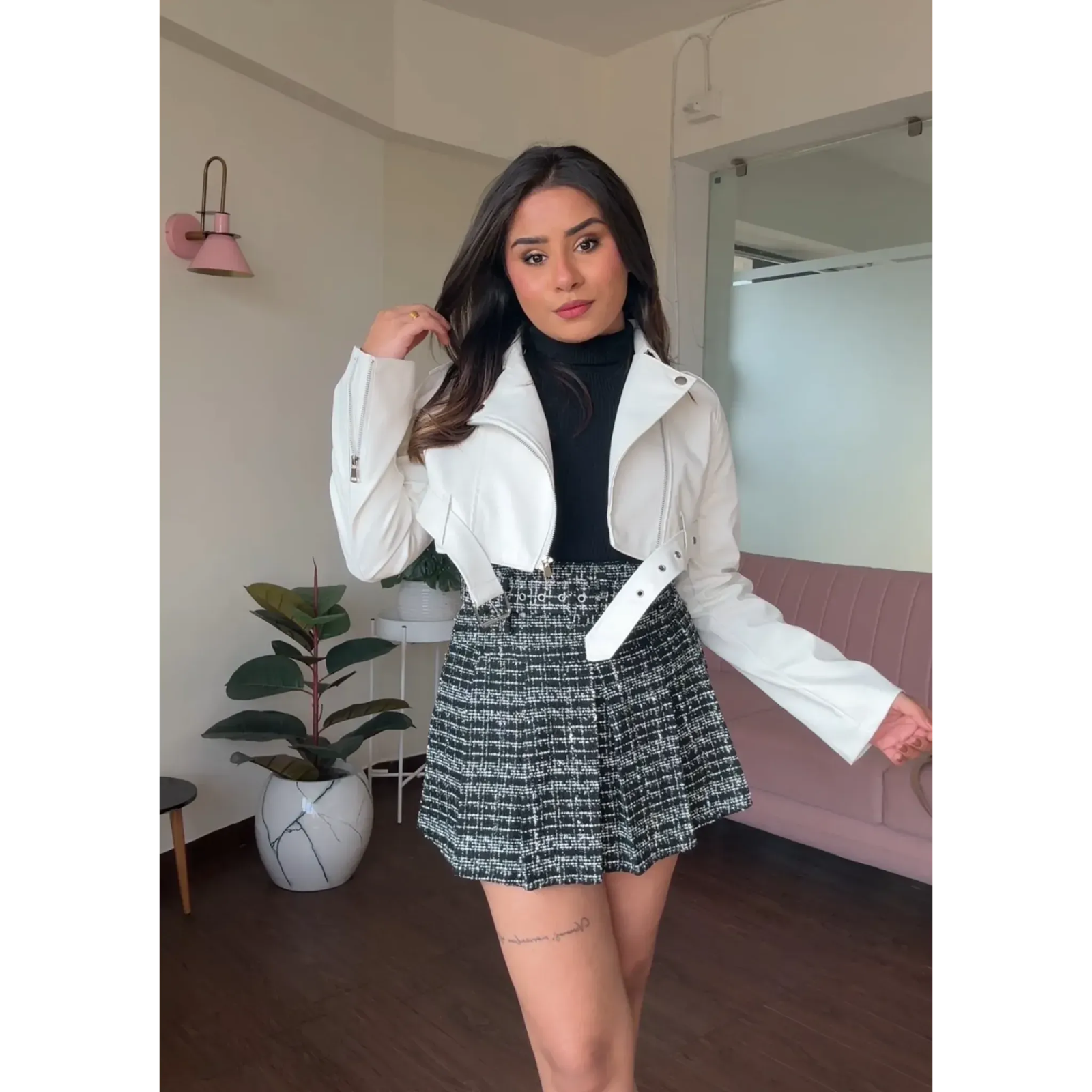 White Cropped Leather Biker Jacket