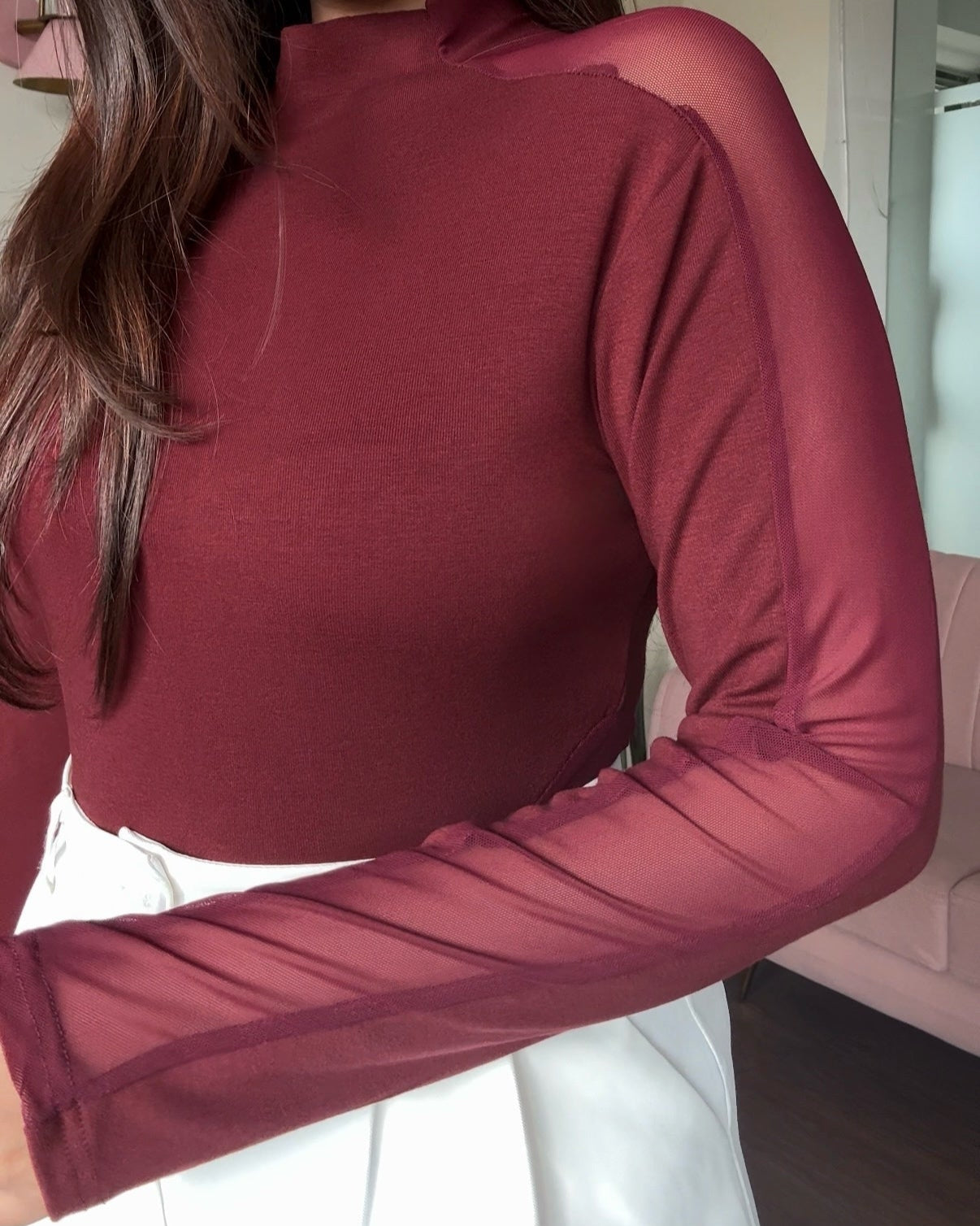 Mesh Cut Out Detailing High Neck Solid Top