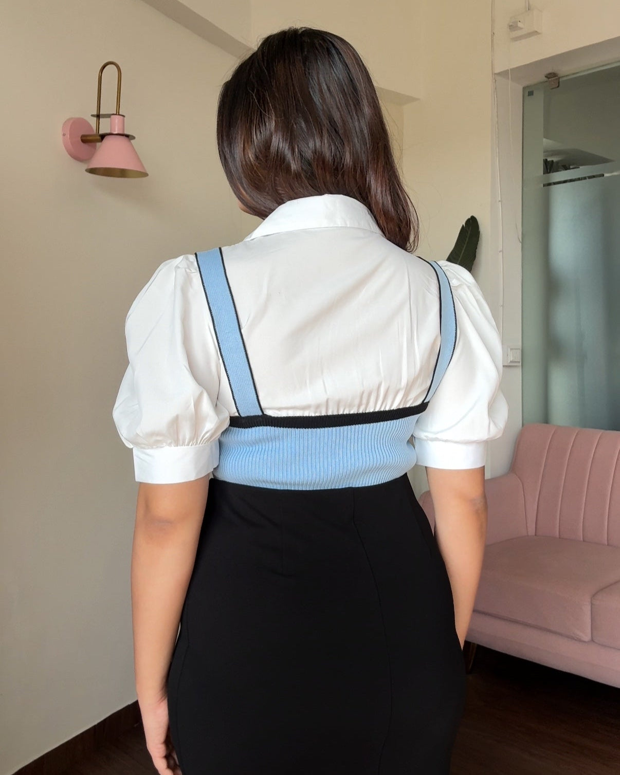 Contrast Layered Puff Sleeve Ribbed Top