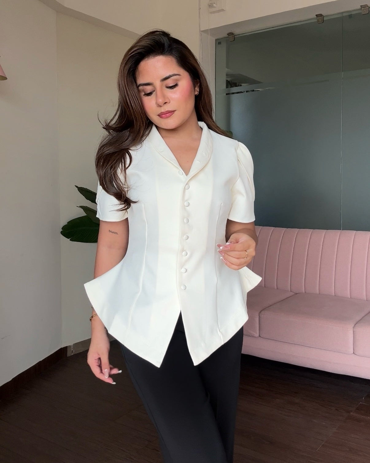 Puff Sleeve Button Up Fitted Blouse