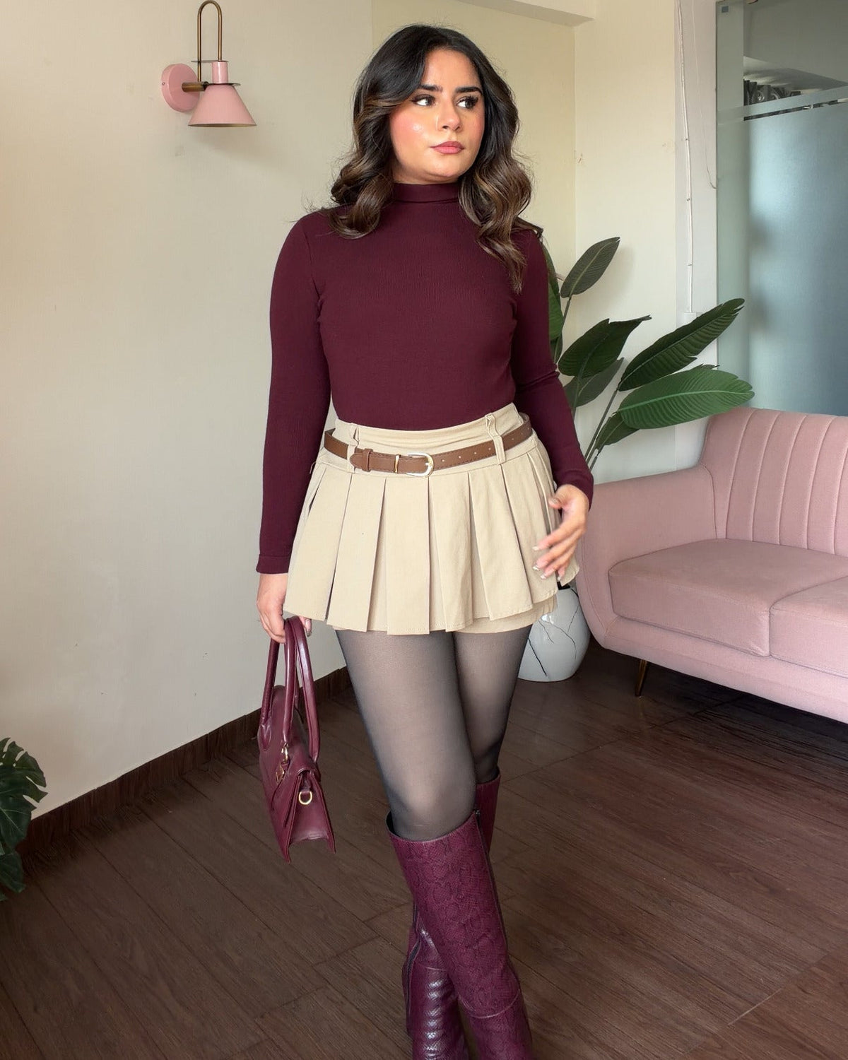 Mini Pleated Belted Skirt With Shorts
