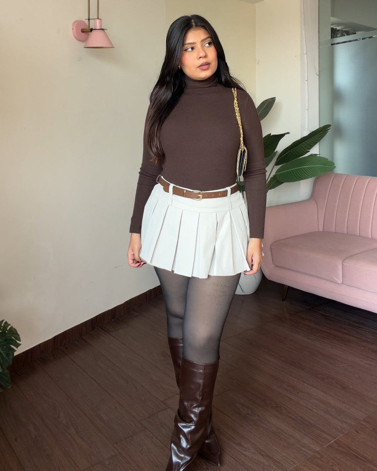 Mini Pleated Belted Skirt With Shorts