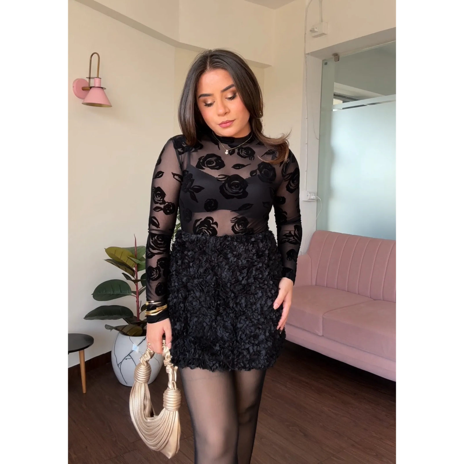 Ruffle Rose Pattern Mini Skirt