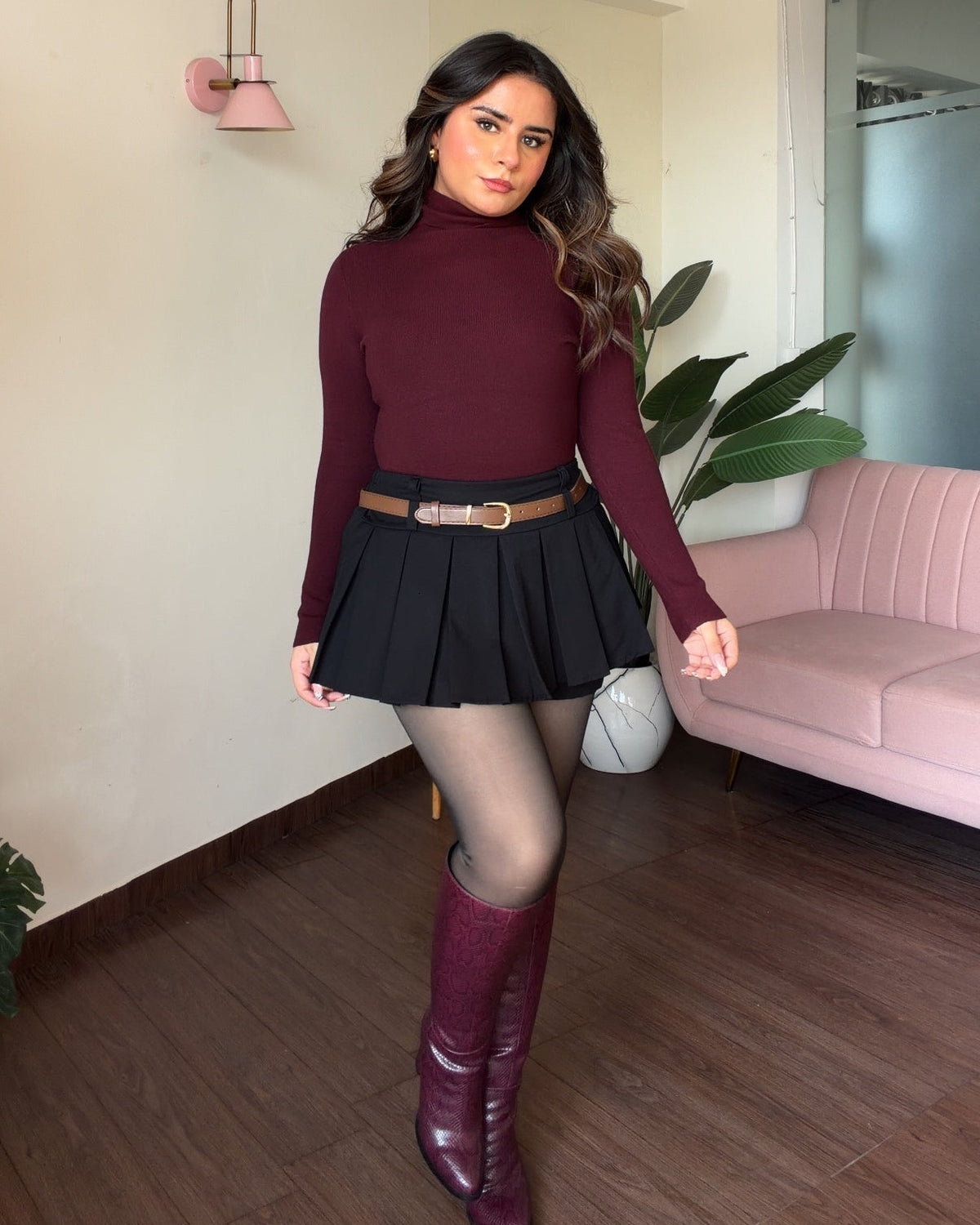 Mini Pleated Belted Skirt With Shorts