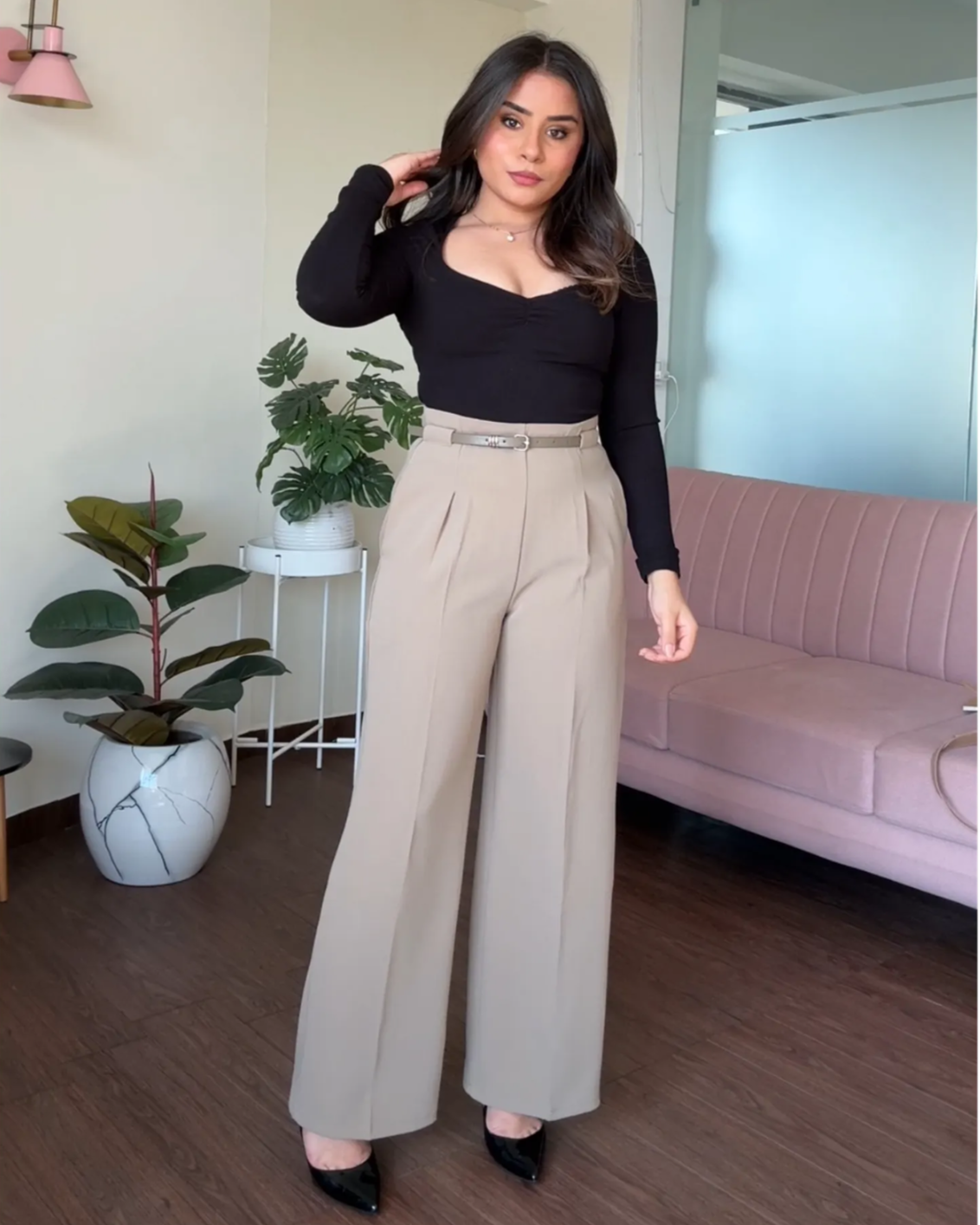 Straight Fit Wide Leg Pants With Belt For Women