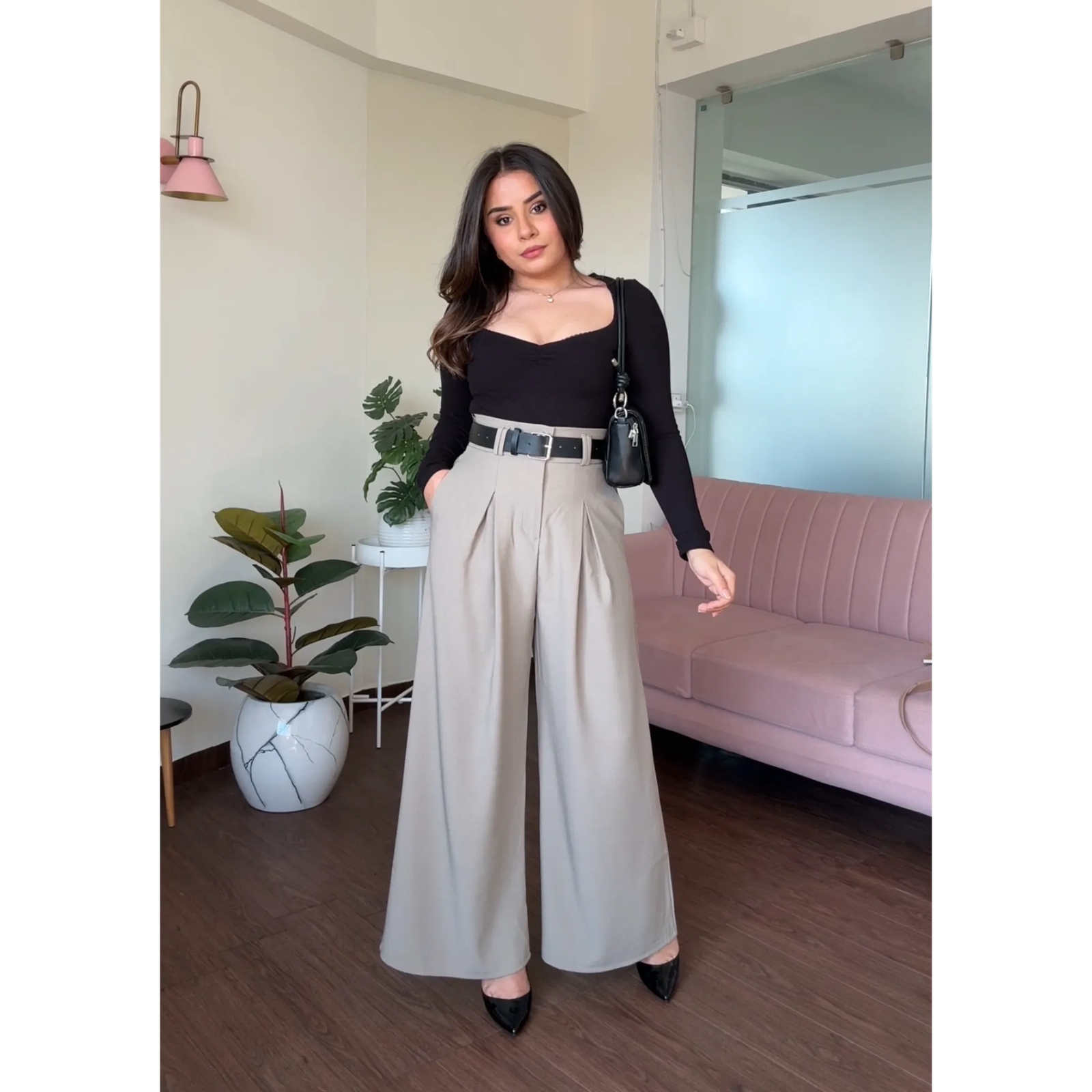 Ultra Wide Pleated Pants With Belt For Women