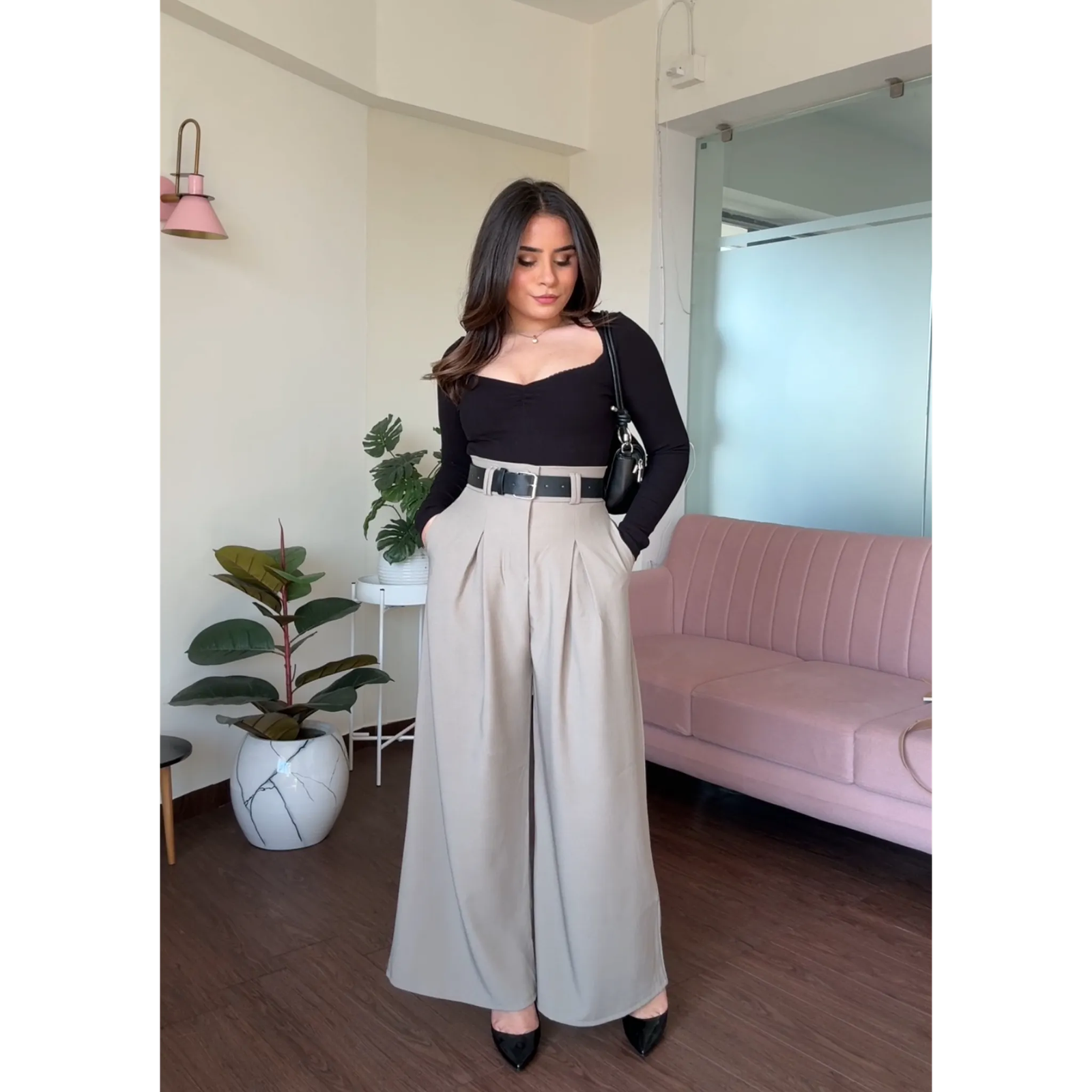 Ultra Wide Pleated Pants With Belt For Women