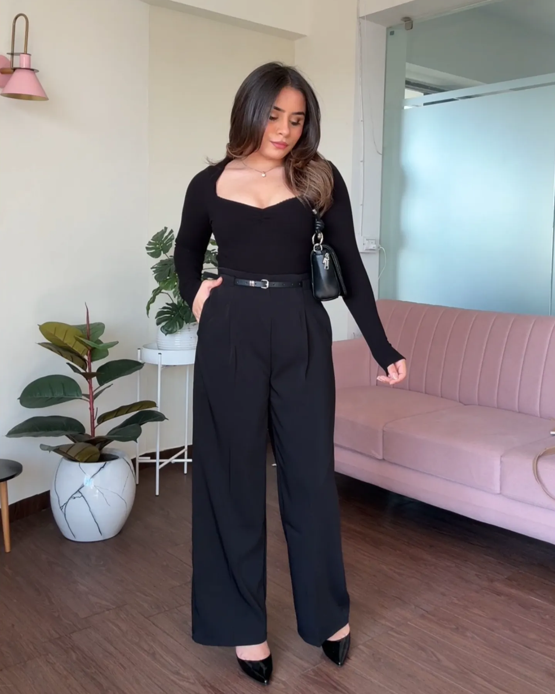 Straight Fit Wide Leg Pants With Belt For Women