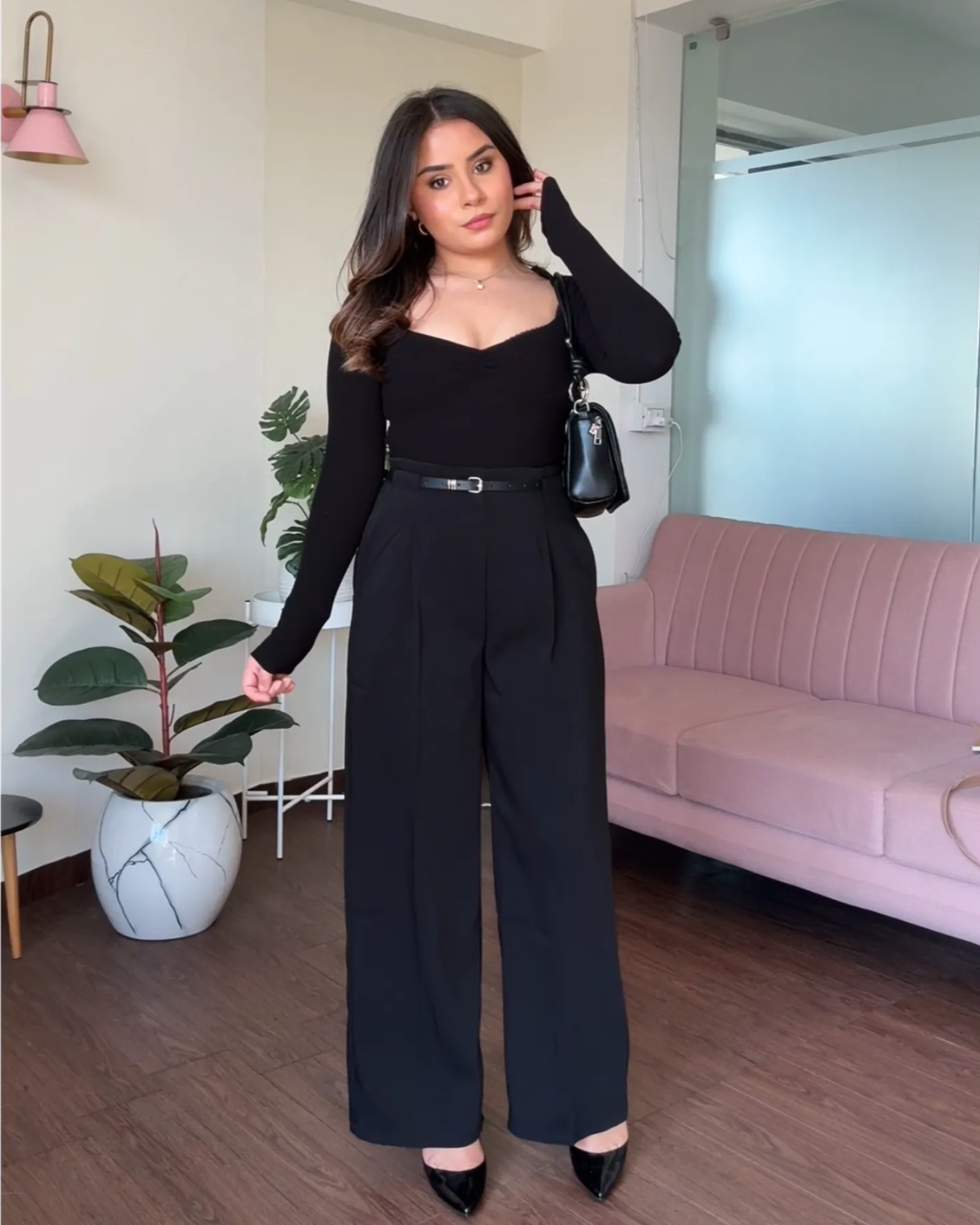 Straight Fit Wide Leg Pants With Belt For Women