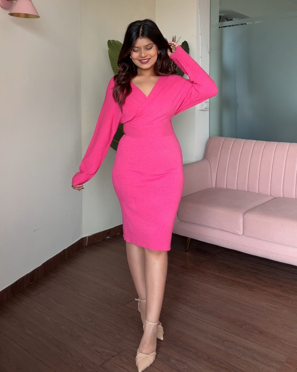 V Neck Baggy Fitted Knitted Dress