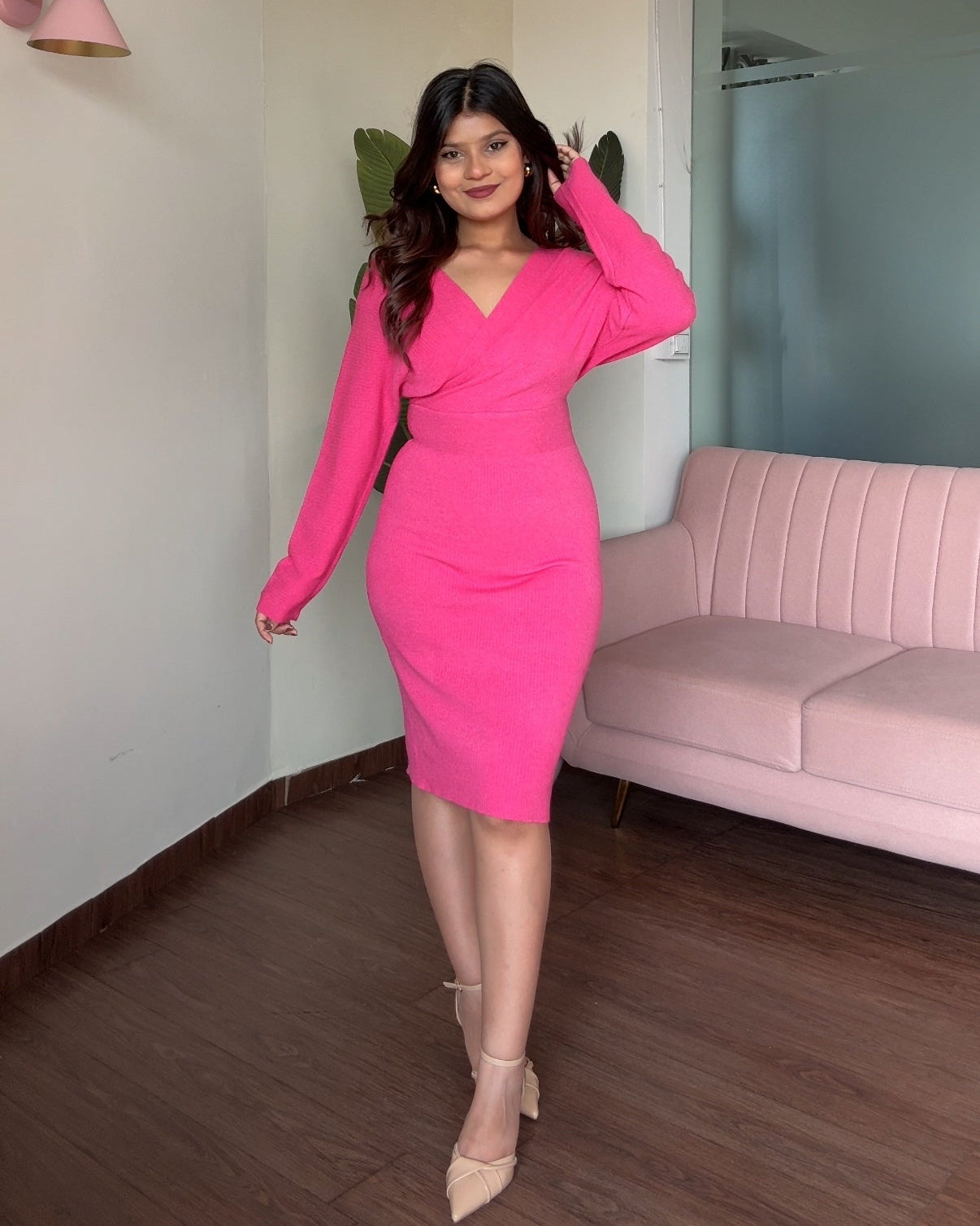 V Neck Baggy Fitted Knitted Dress