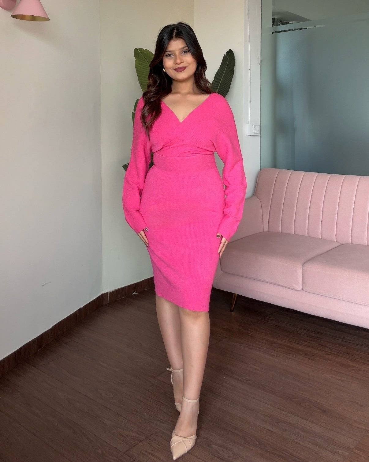V Neck Baggy Fitted Knitted Dress