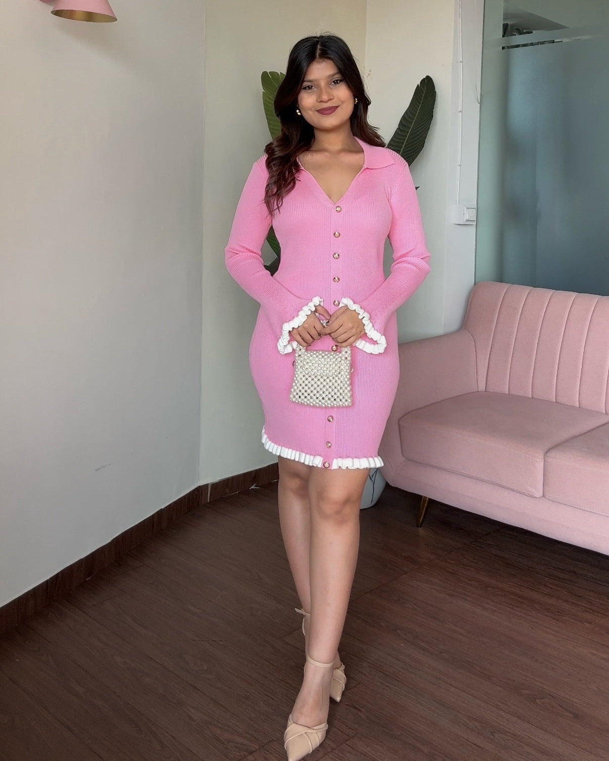 Ruffled Hem Contrast Ribbed Knitted Dress