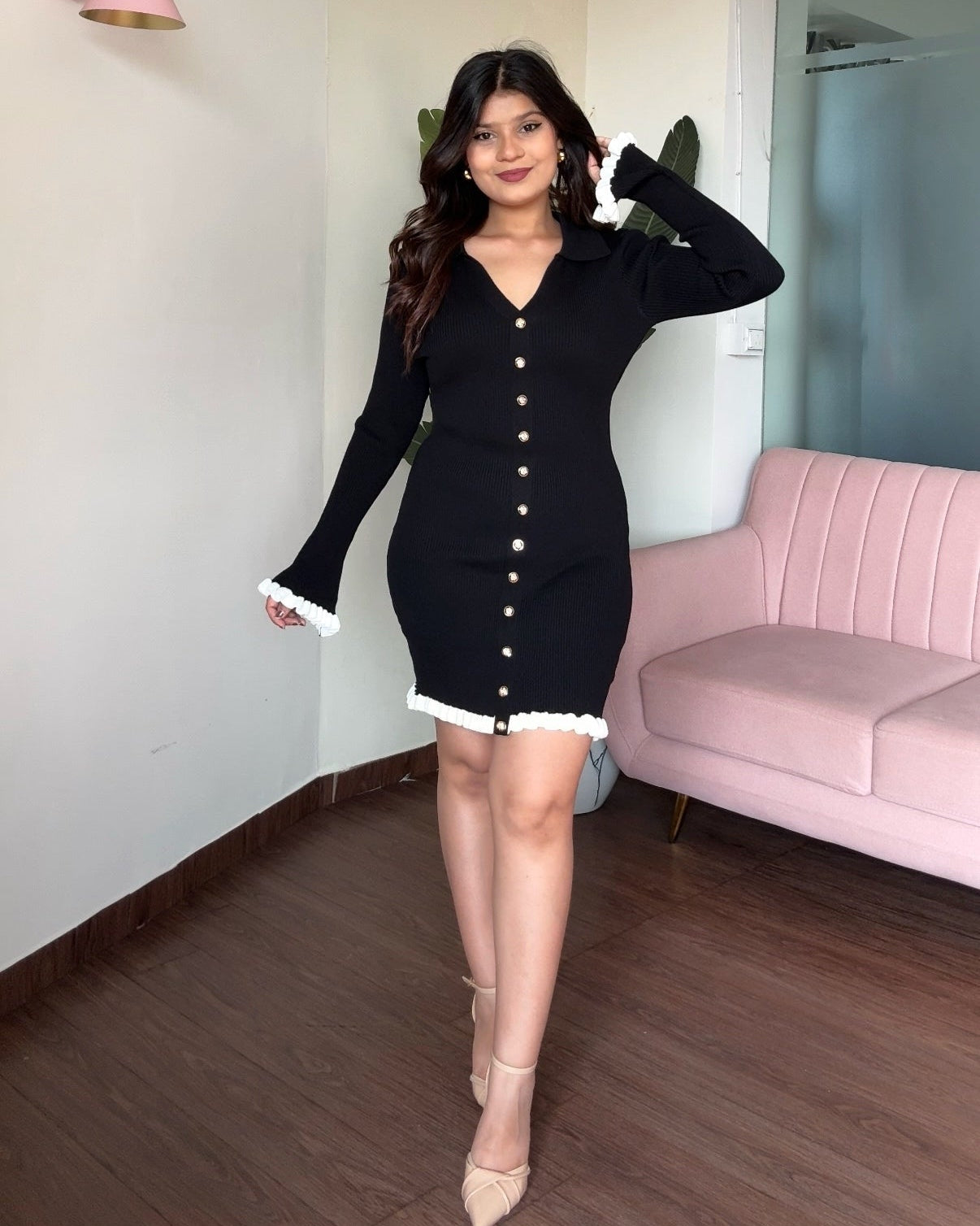 Ruffled Hem Contrast Ribbed Knitted Dress
