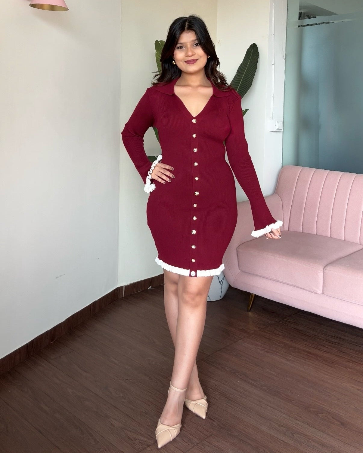 Ruffled Hem Contrast Ribbed Knitted Dress