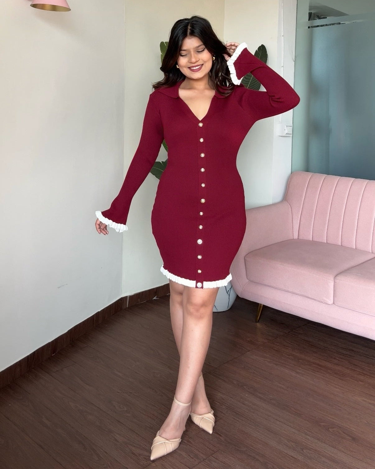 Ruffled Hem Contrast Ribbed Knitted Dress