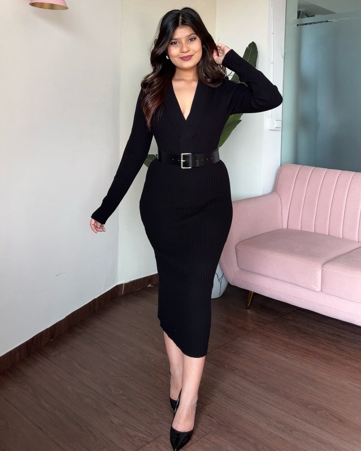 V-Neck Knitted Midi Dress With Belt