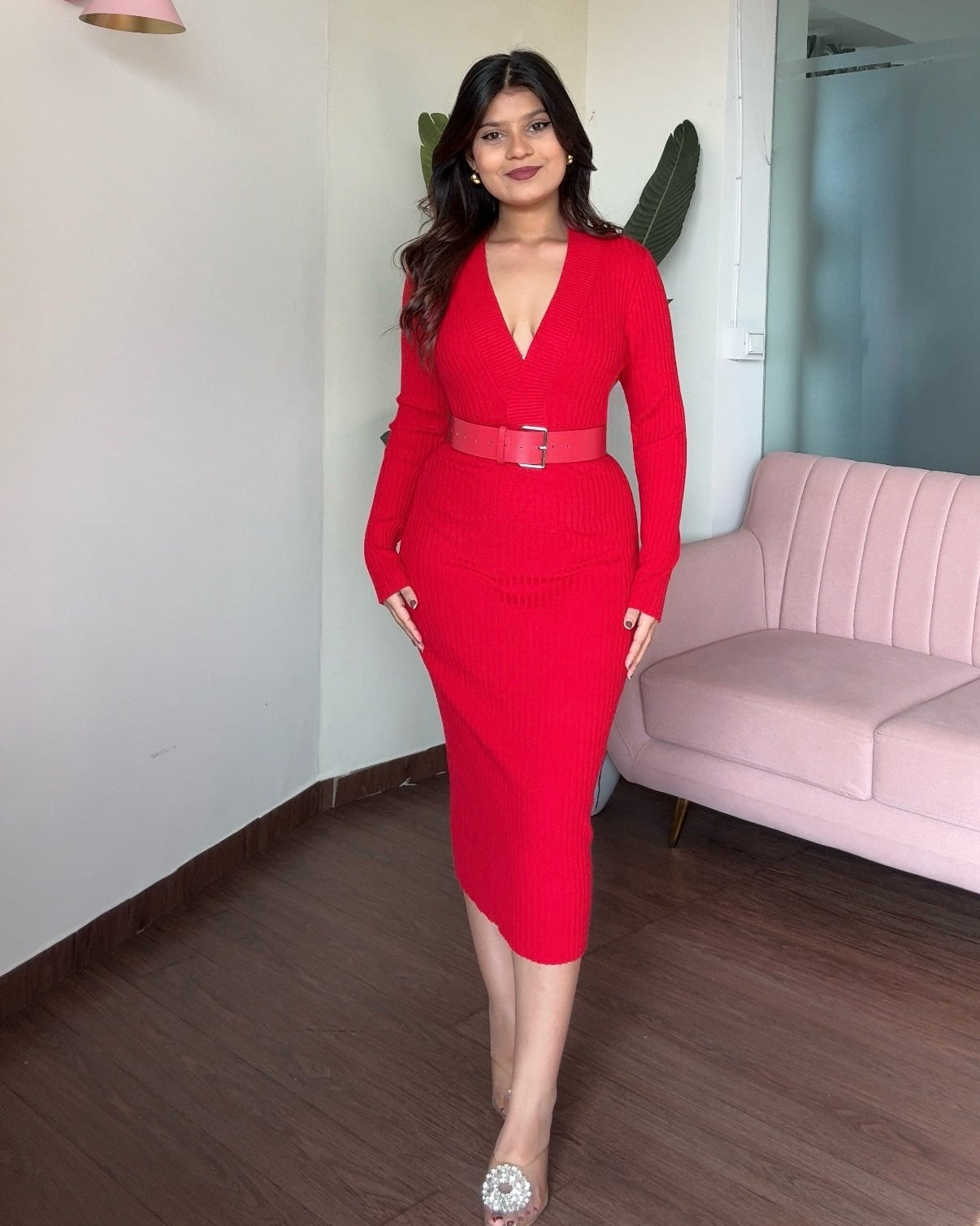 V-Neck Knitted Midi Dress With Belt