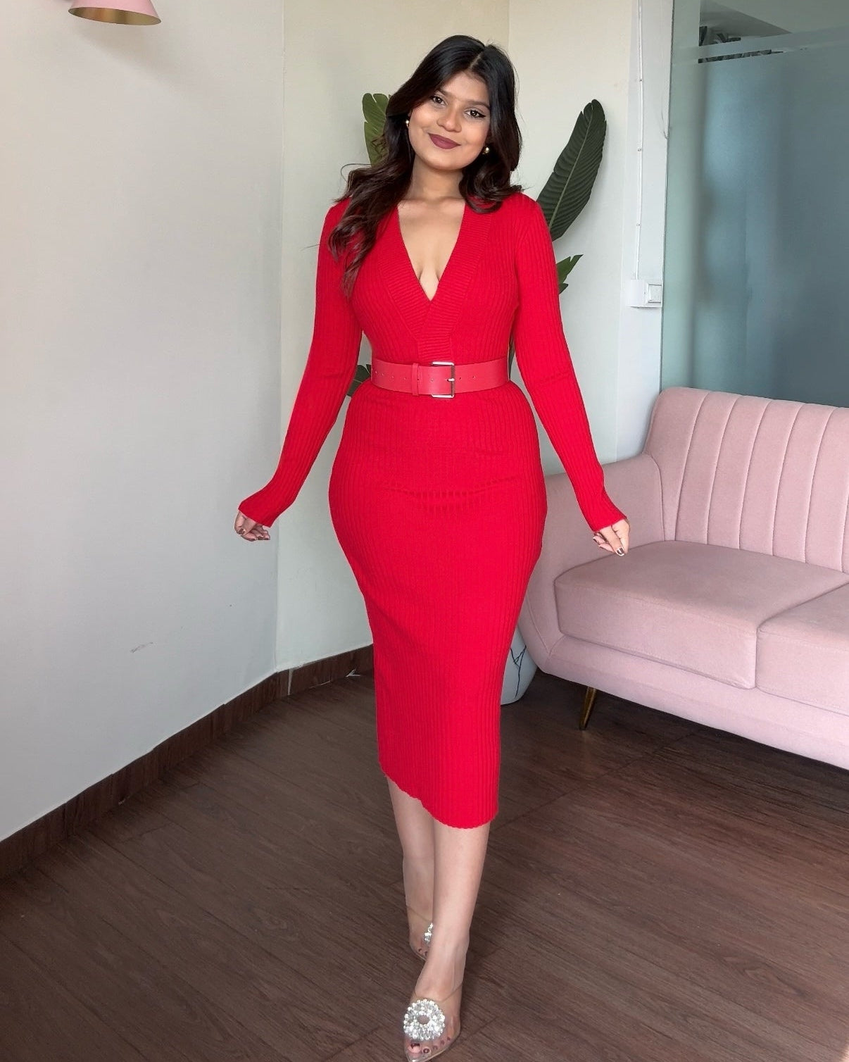V-Neck Knitted Midi Dress With Belt