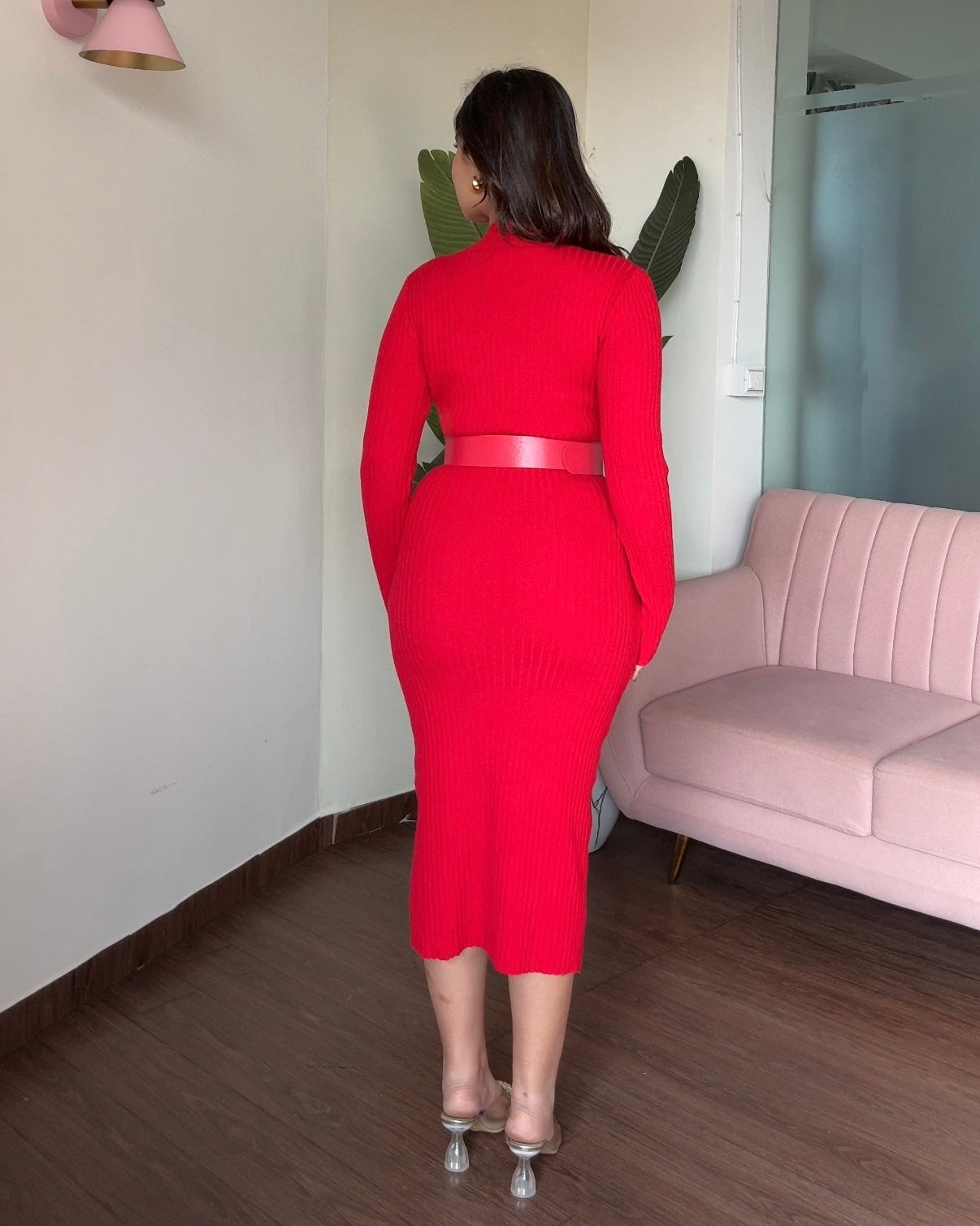 V-Neck Knitted Midi Dress With Belt