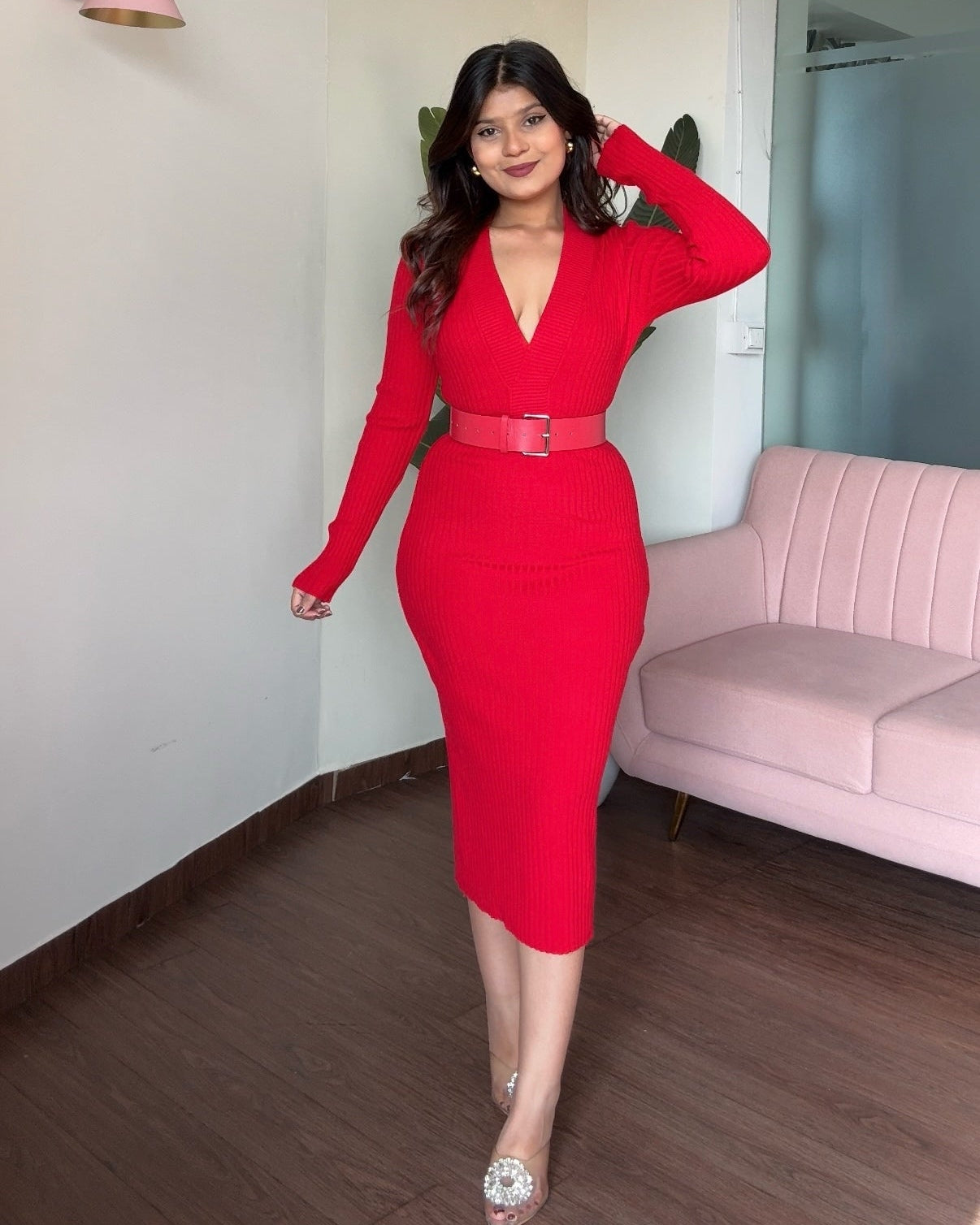 V-Neck Knitted Midi Dress With Belt