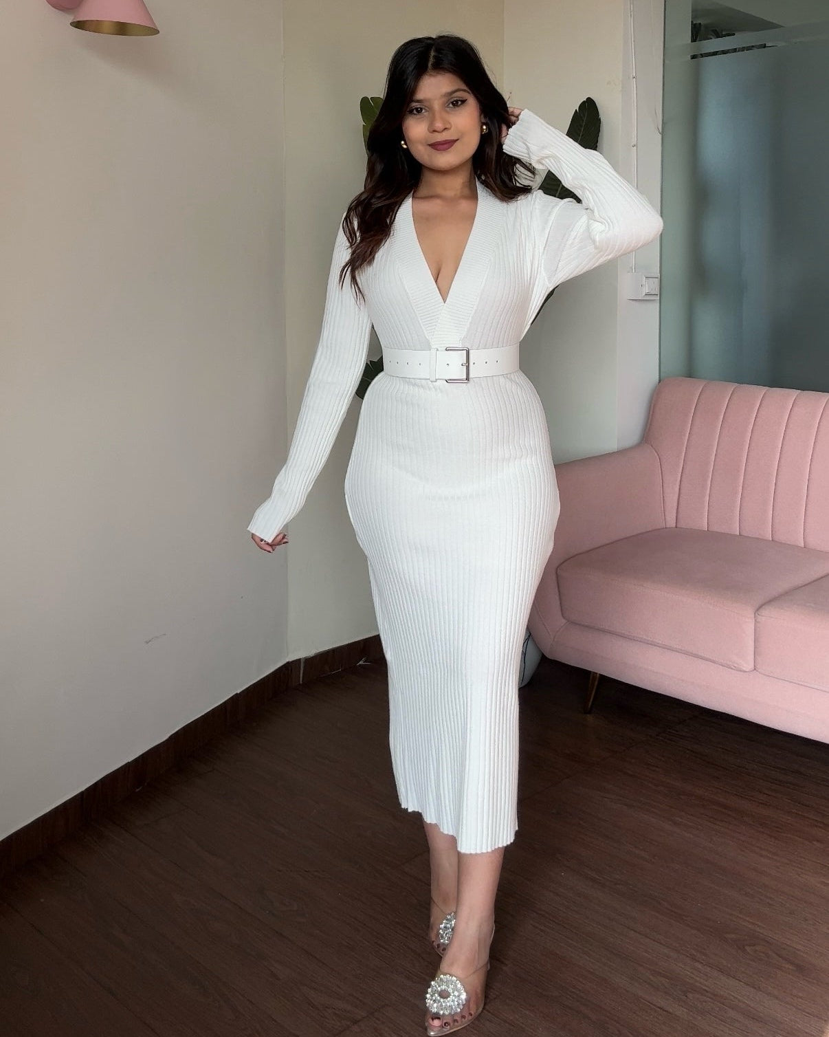 V-Neck Knitted Midi Dress With Belt