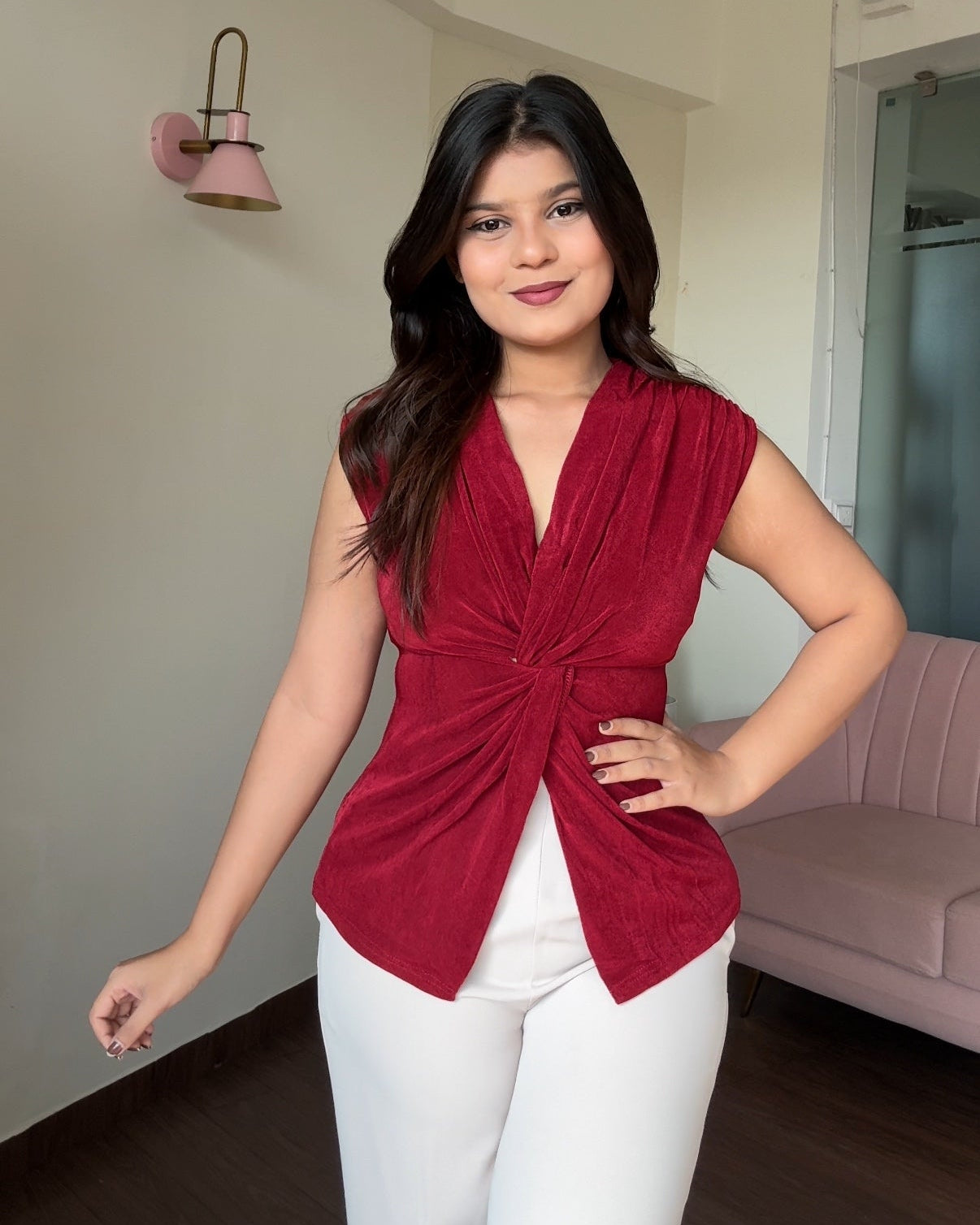 Cut Sleeve Bodycon Knot Detail Top