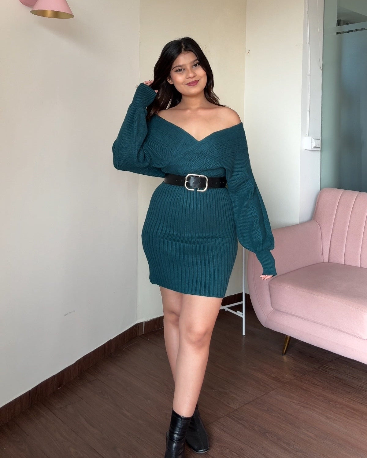 V Neck Soft Knitted Mini Dress