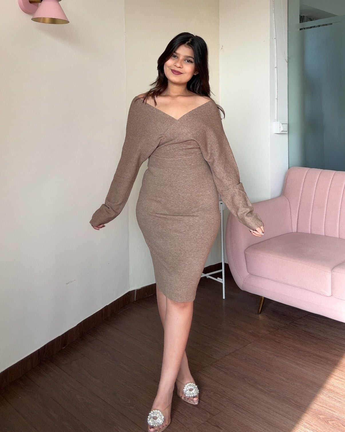 V Neck Baggy Fitted Knitted Dress
