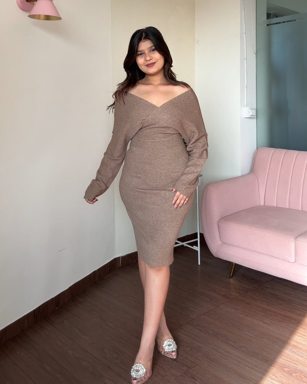 V Neck Baggy Fitted Knitted Dress