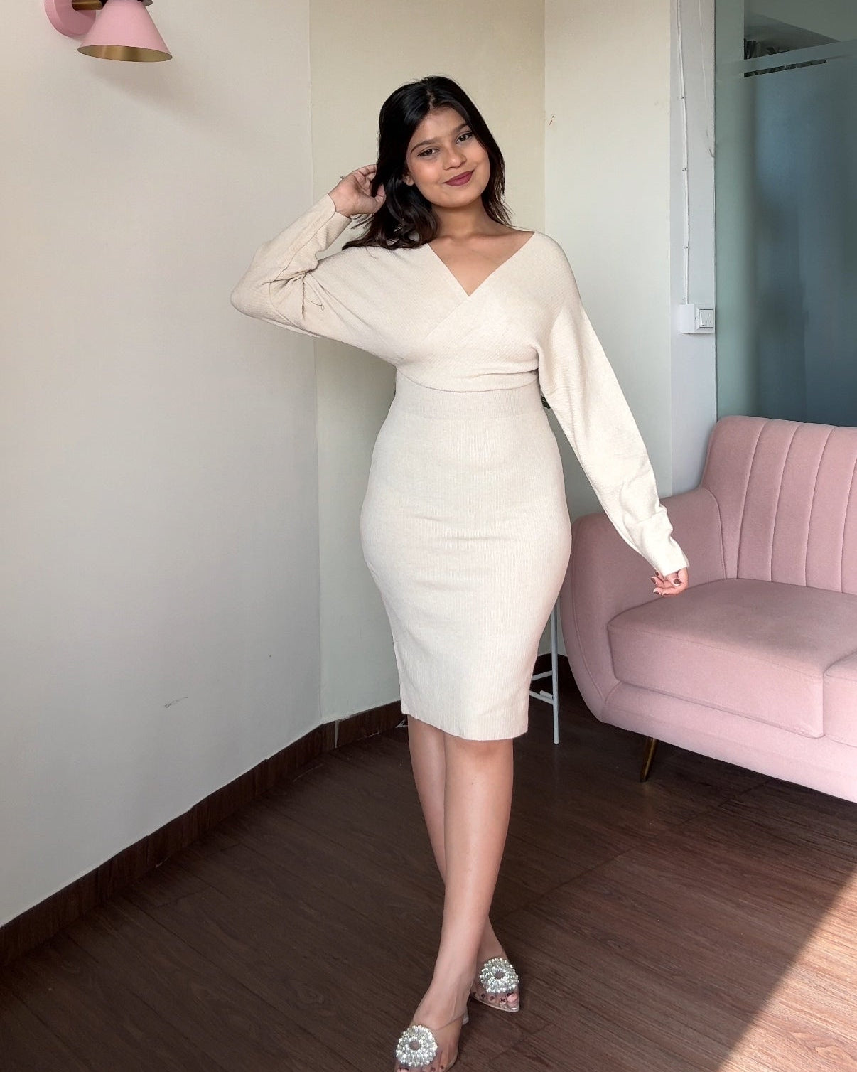 V Neck Baggy Fitted Knitted Dress