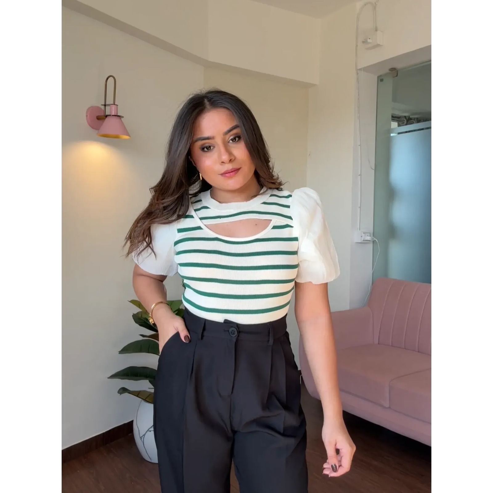 Puff Sleeve Stripe Cut Out Top