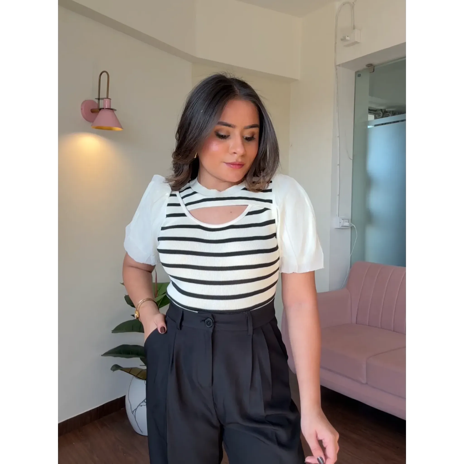 Puff Sleeve Stripe Cut Out Top