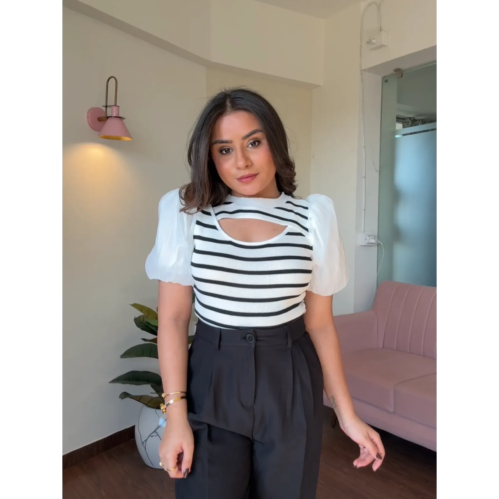 Puff Sleeve Stripe Cut Out Top