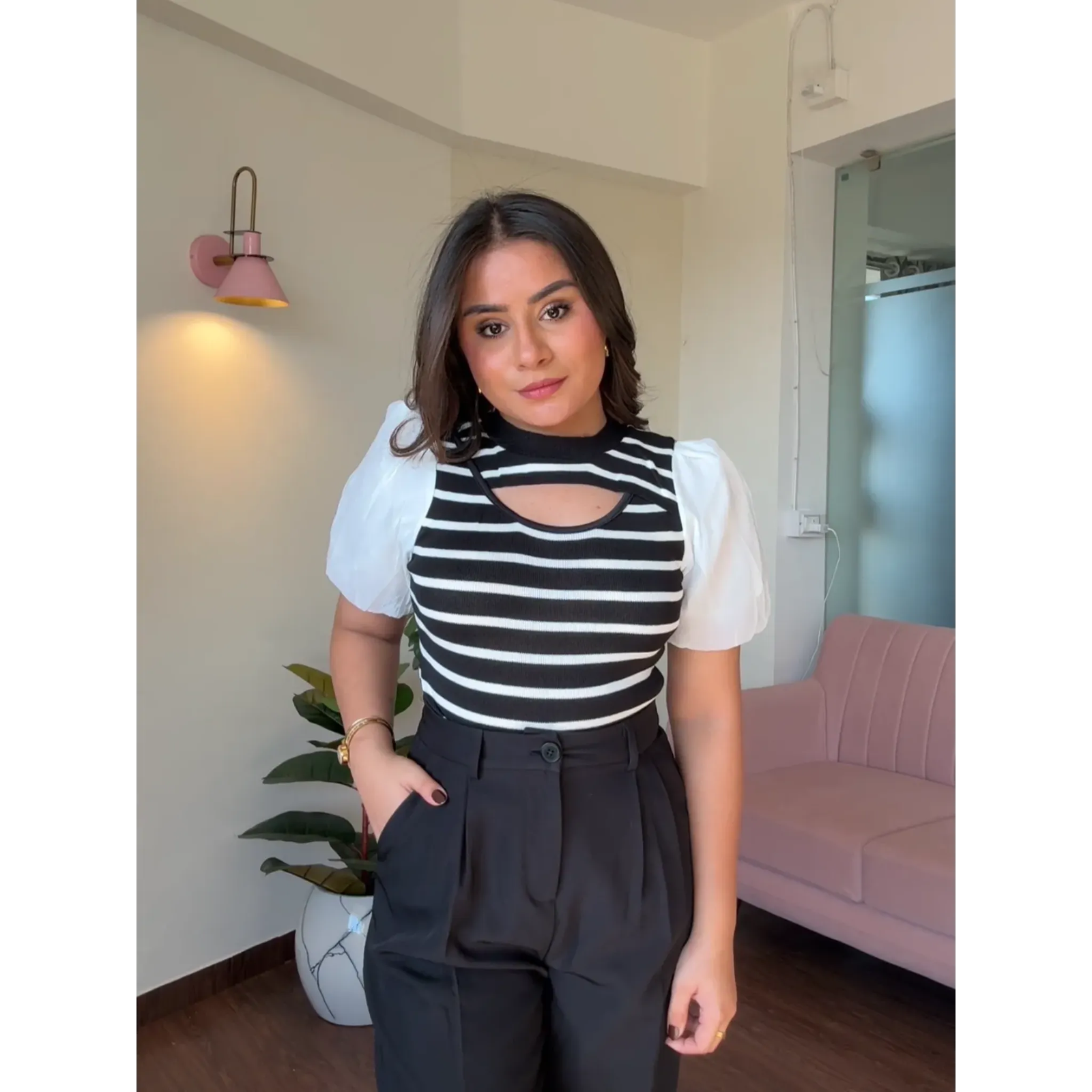 Puff Sleeve Stripe Cut Out Top