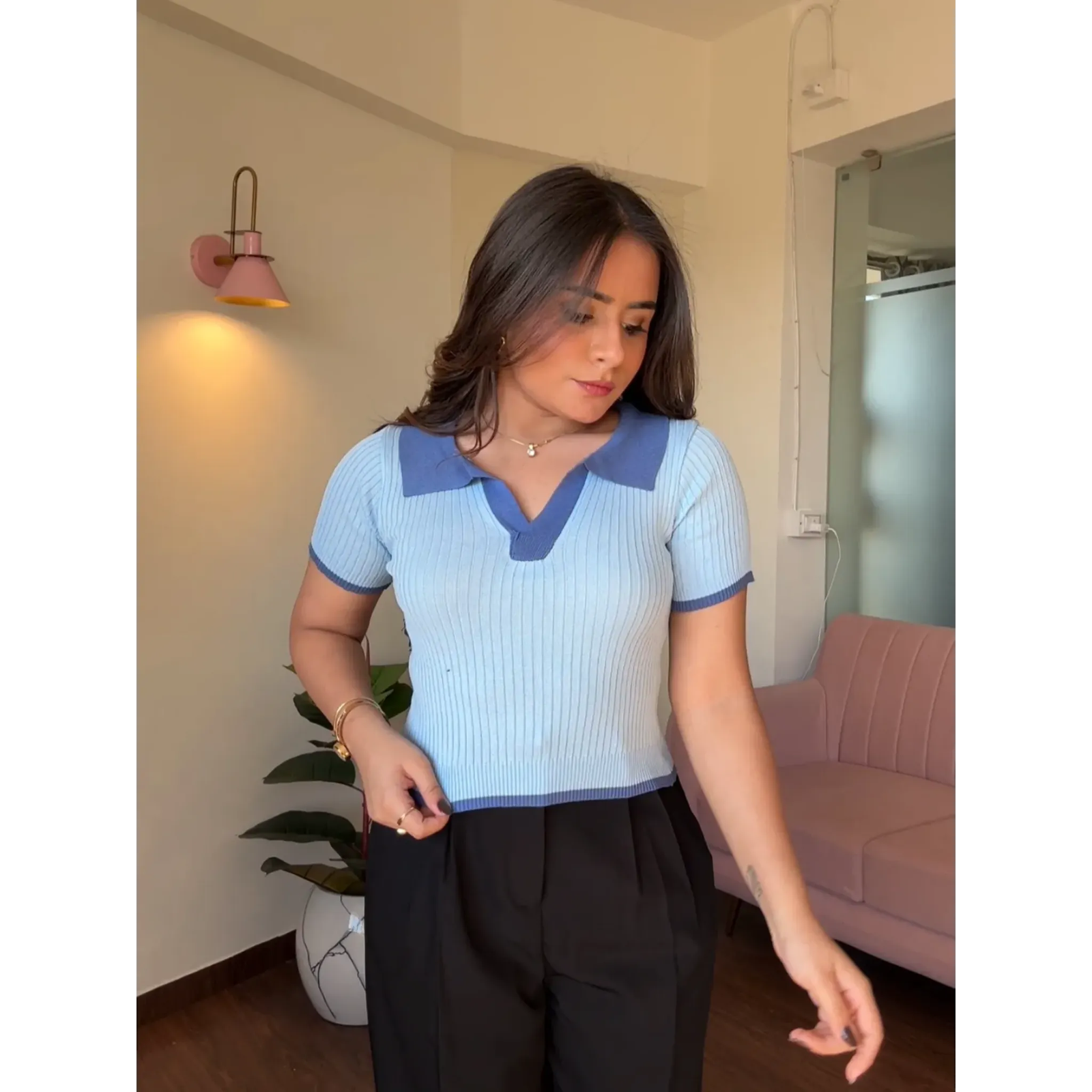 Contrast Collar Ribbed Bodycon Top